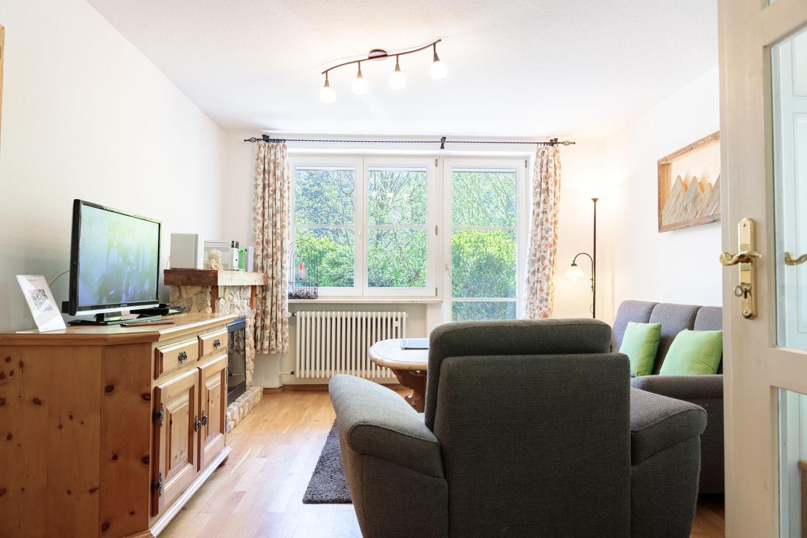 Living room with sofa, TV, and window with view of trees.