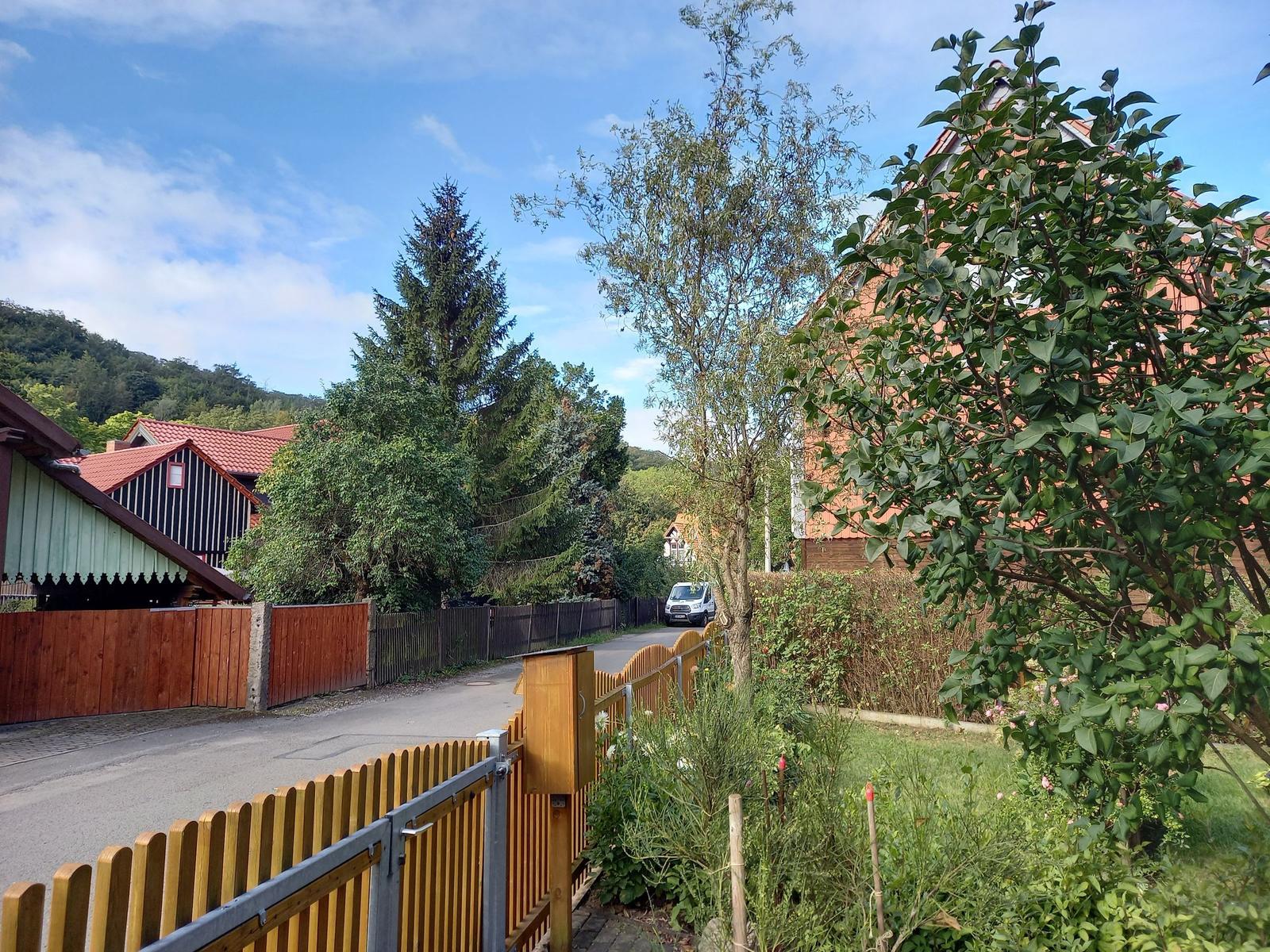 Haus mit Gartenzaun, Wald und rotem Dach unter blauem Himmel.