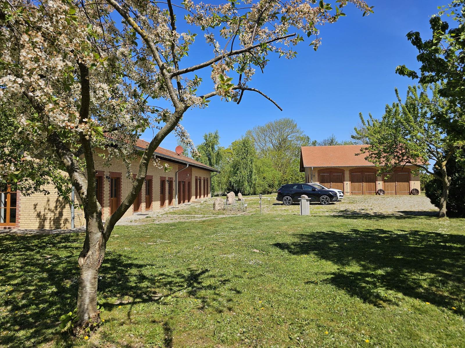 House with garden, flowering tree, and garage under blue sky.