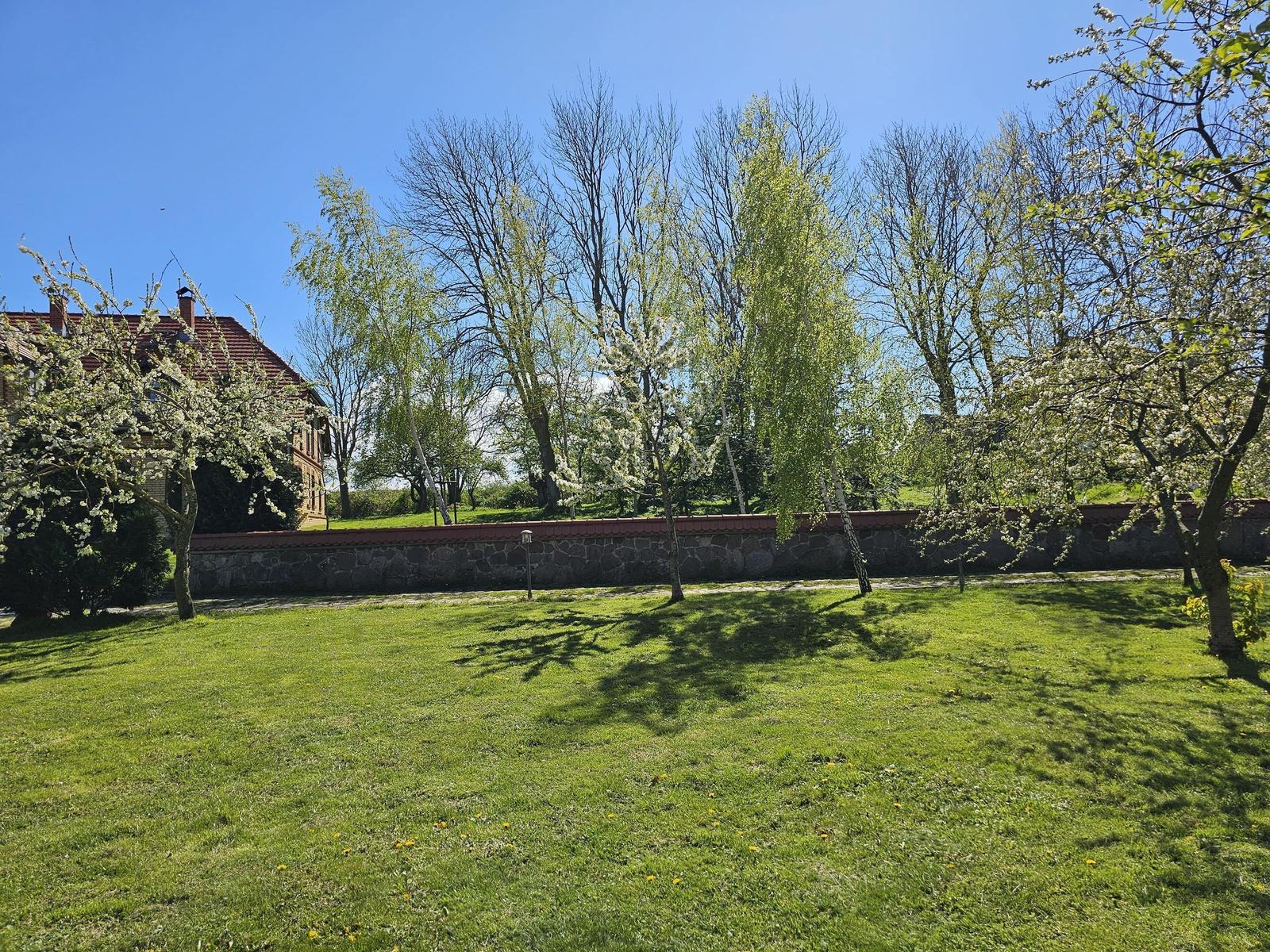 Lawn area with blooming trees and stone wall. A house with red roof is visible in the background.