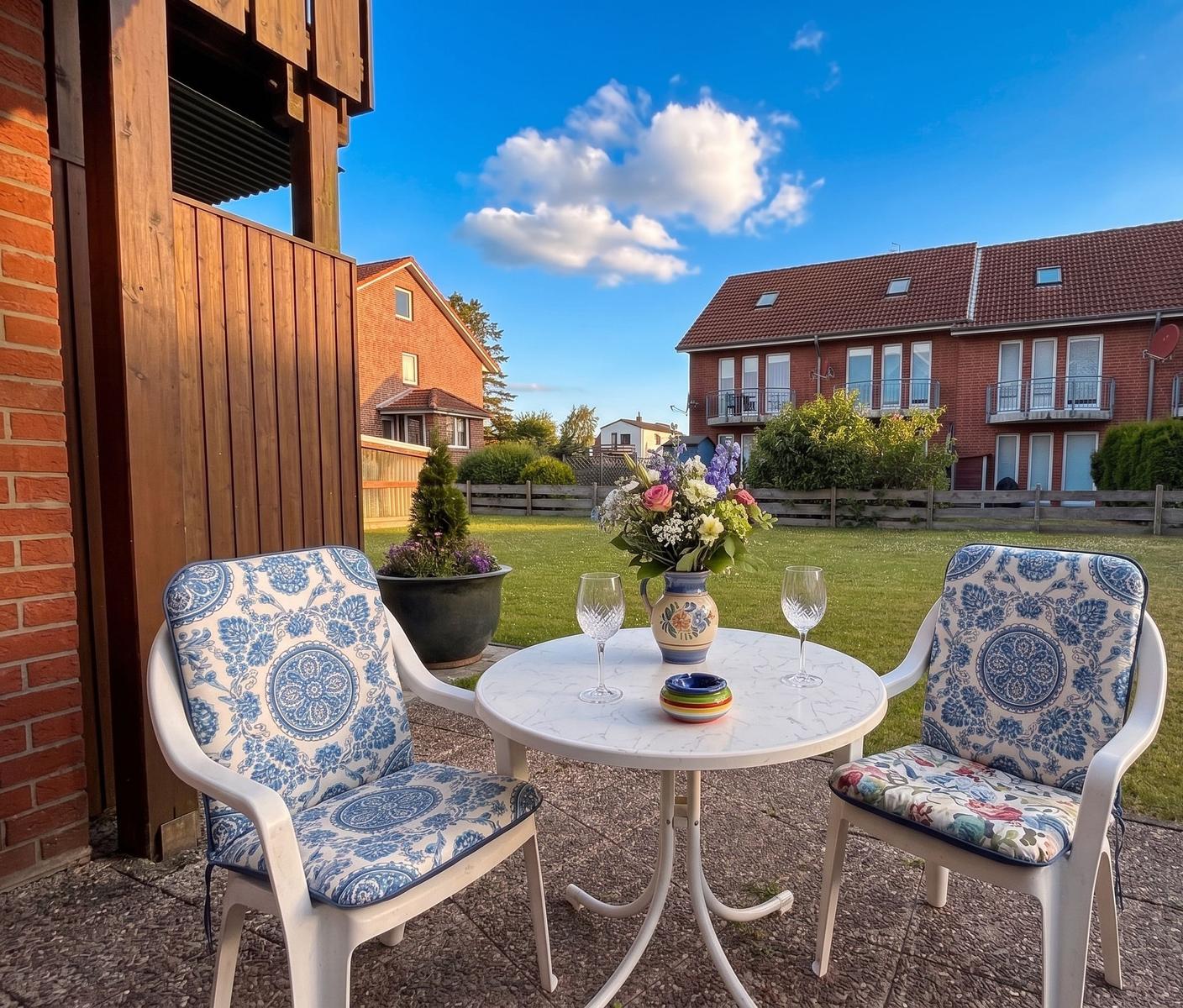 Terrasse mit Tisch und zwei Stühlen, Blumen und Gläser. Grünfläche und Häuser im Hintergrund.