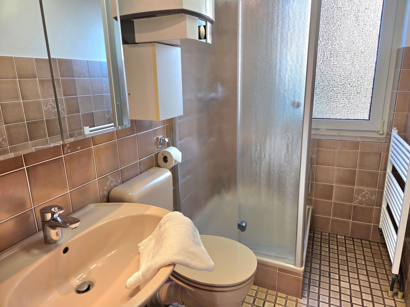 Badezimmer mit Dusche, Toilette und Waschbecken. Wand- und Bodenfliesen in Braun.