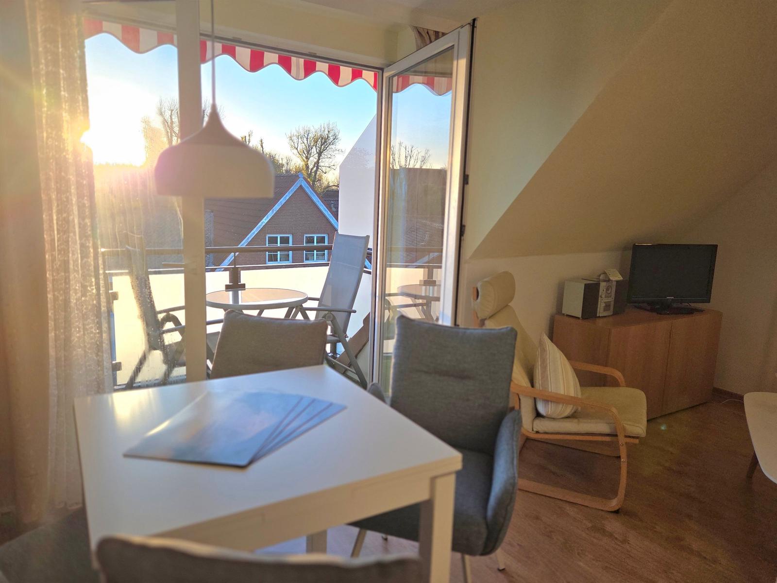Wohnung mit Balkon, Tisch, Stühlen und Fernseher. Dachgeschoss mit geneigtem Dach.