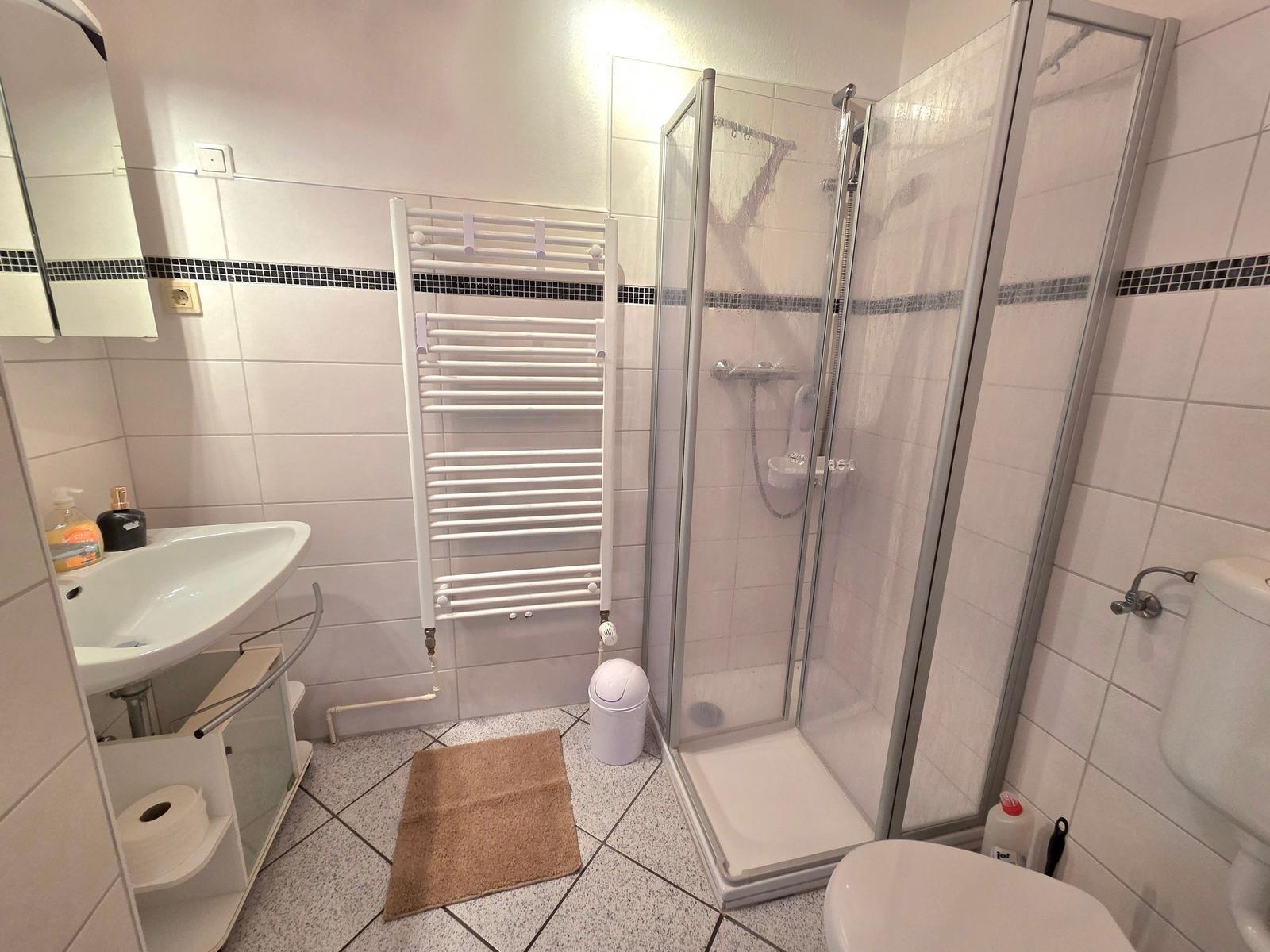 Badezimmer mit Dusche, Waschbecken und Toilette. Fliesenwand mit dunkler Zierleiste.