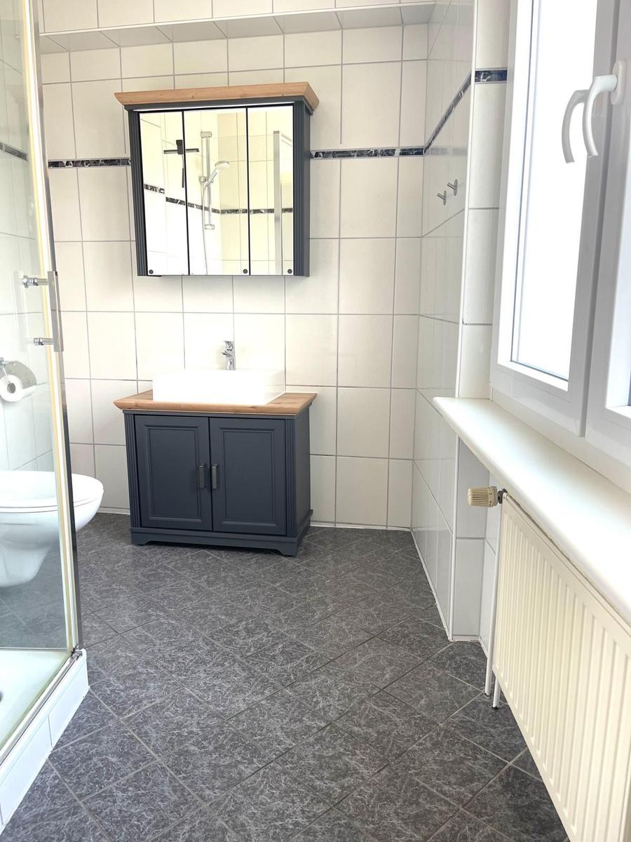 Badezimmer mit Waschbecken, Spiegelschrank und Dusche