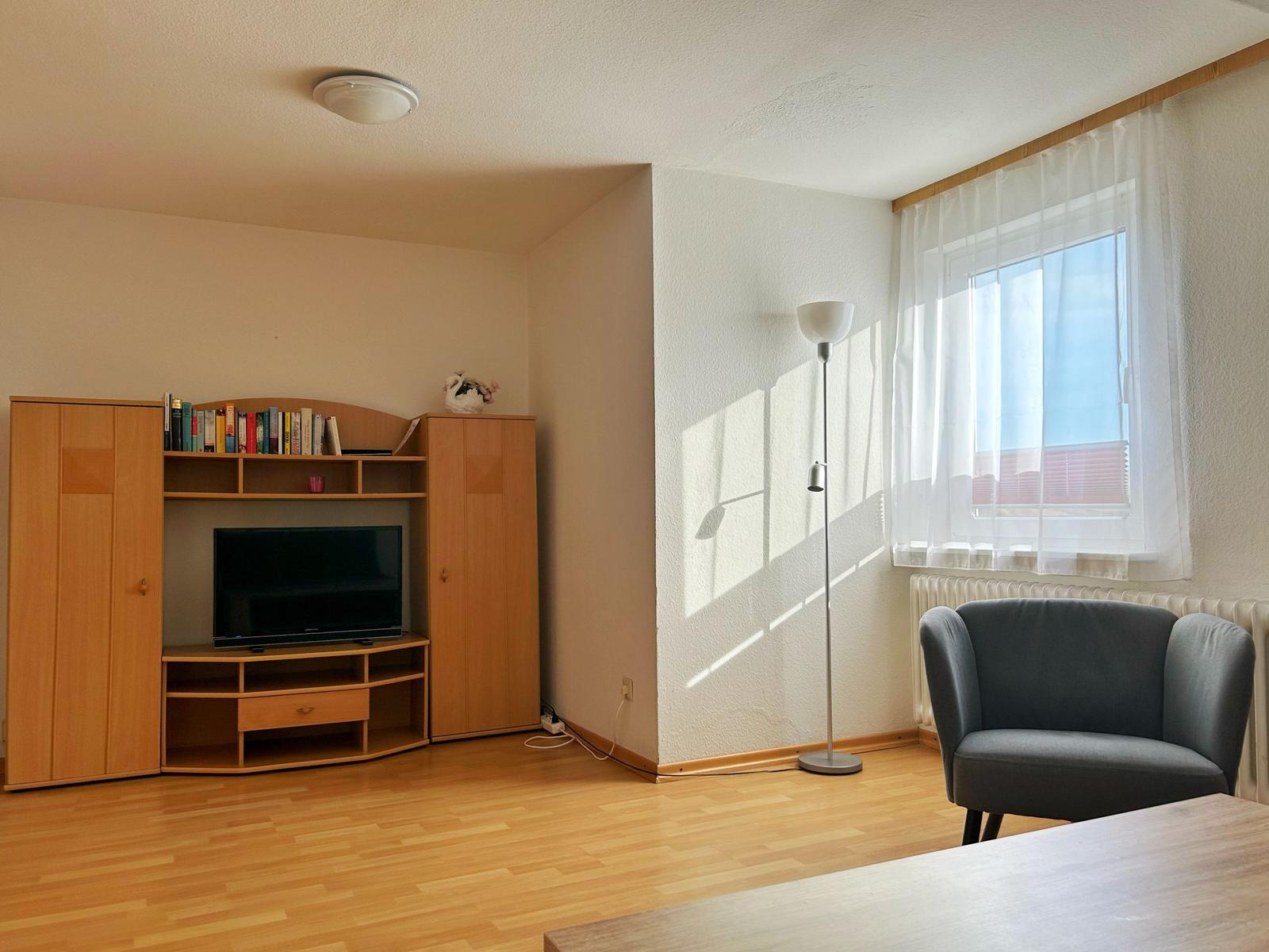 Wohnzimmer mit Holzboden, Fernseher, Bücherregal und Sessel vor Fenster.