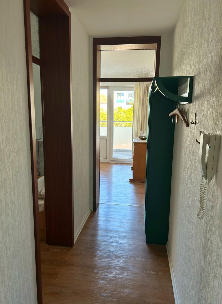Flur mit Holzboden, grünem Schrank und Blick auf Balkon mit Fenster.