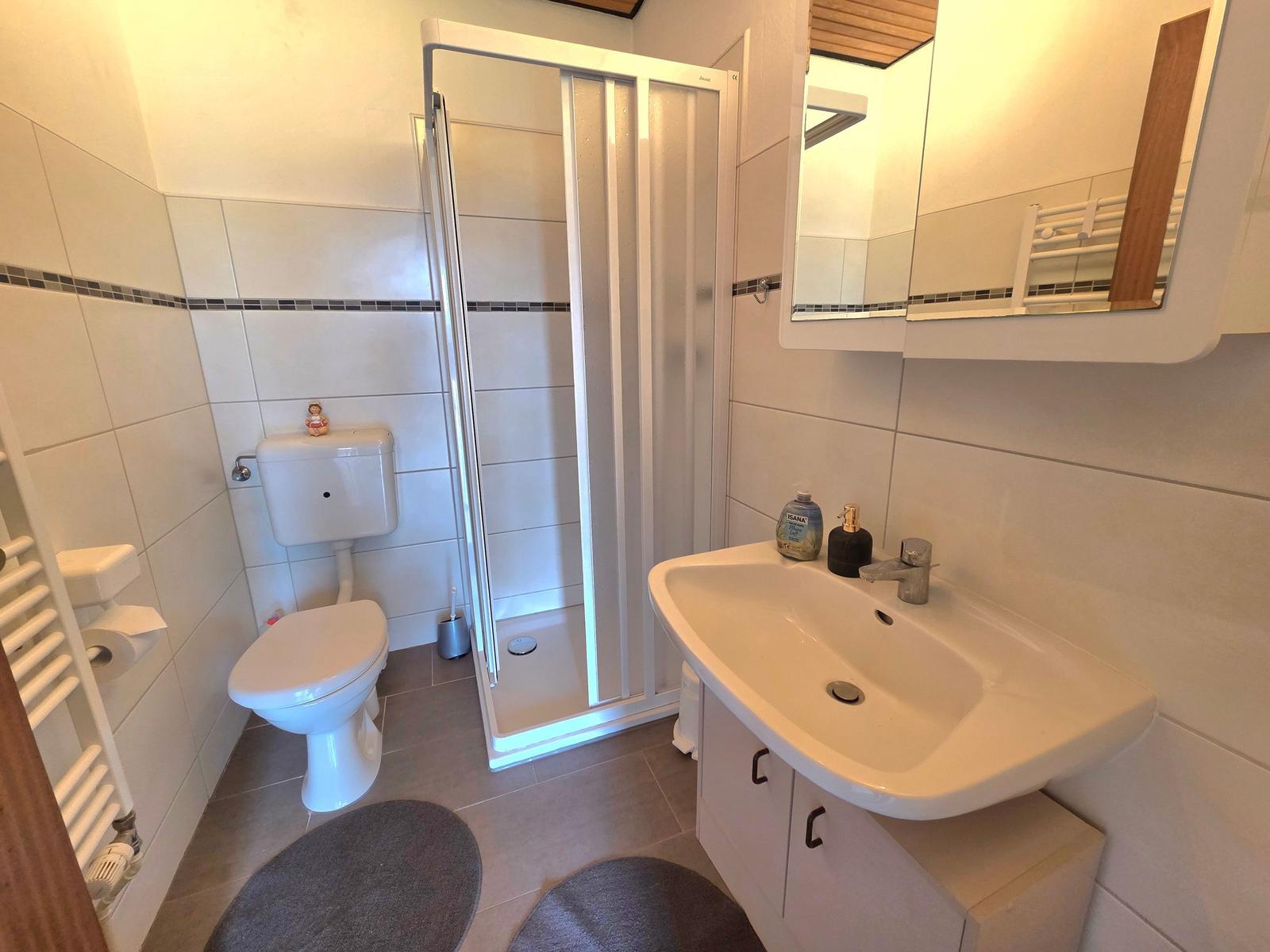 Badezimmer mit Dusche, Toilette und Waschbecken