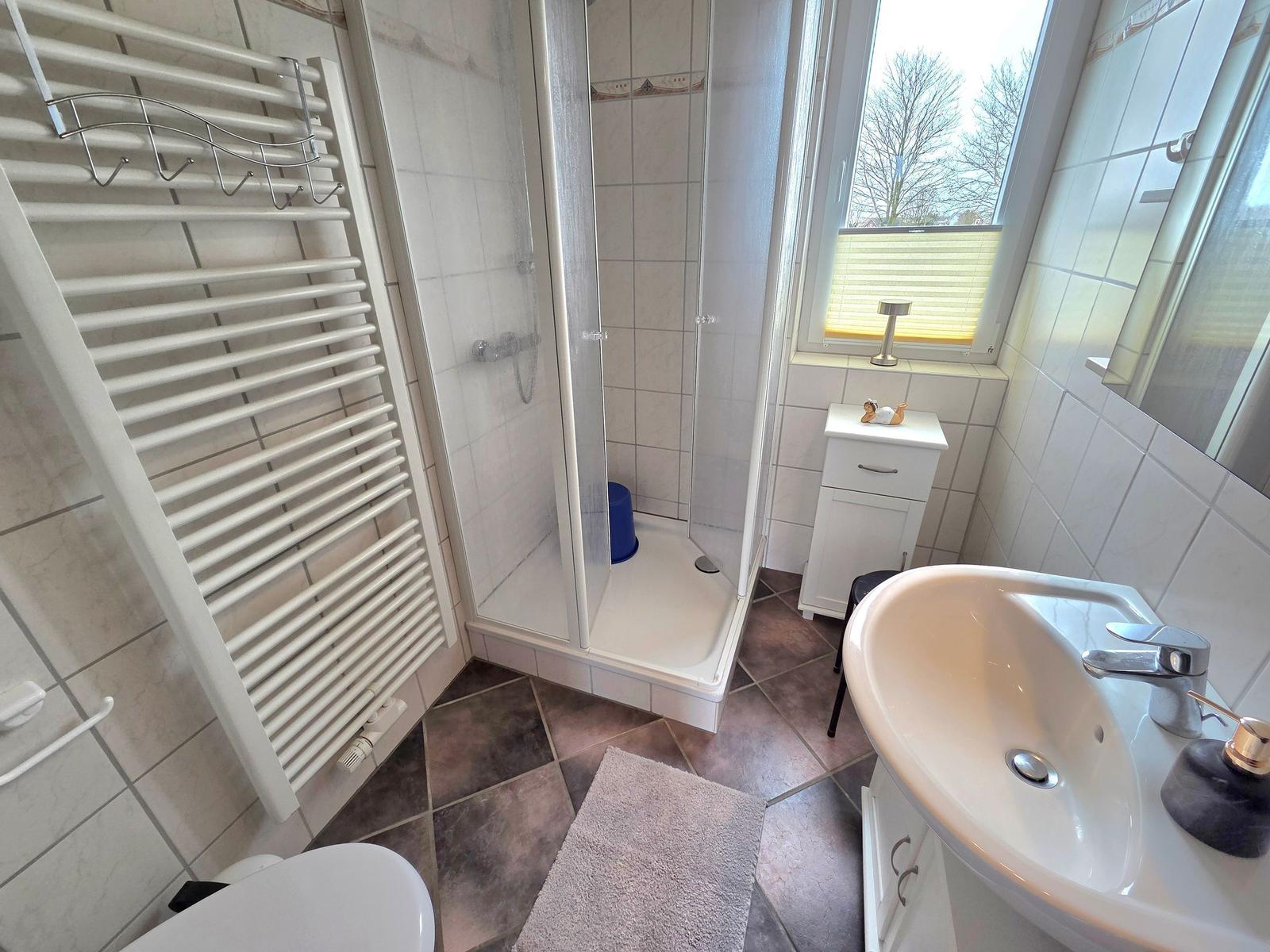 Badezimmer mit Dusche, Waschbecken und Heizkörper. Fenster mit Jalousie.