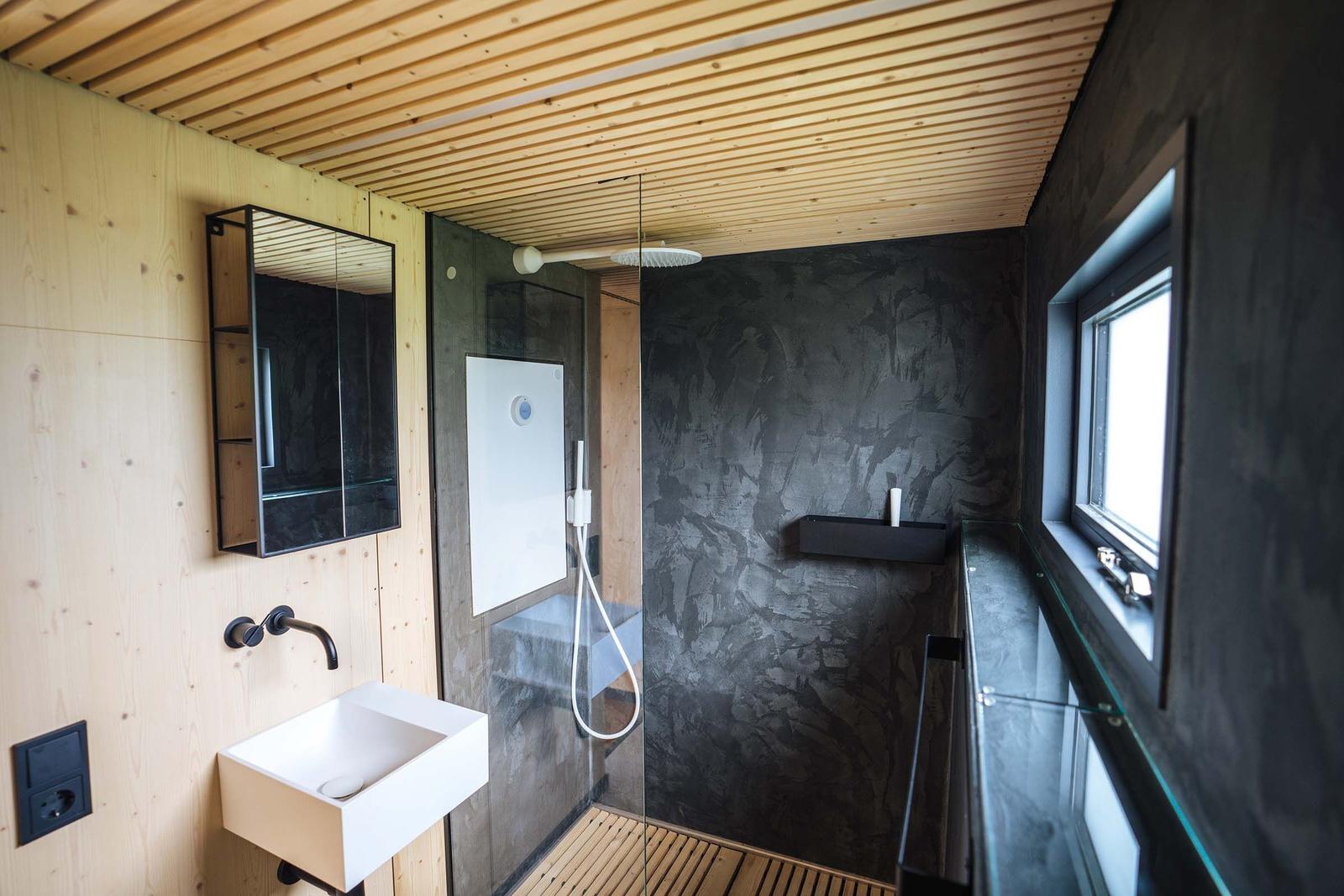 Dusche mit Glaswand, Waschbecken und Spiegel an Holzwand