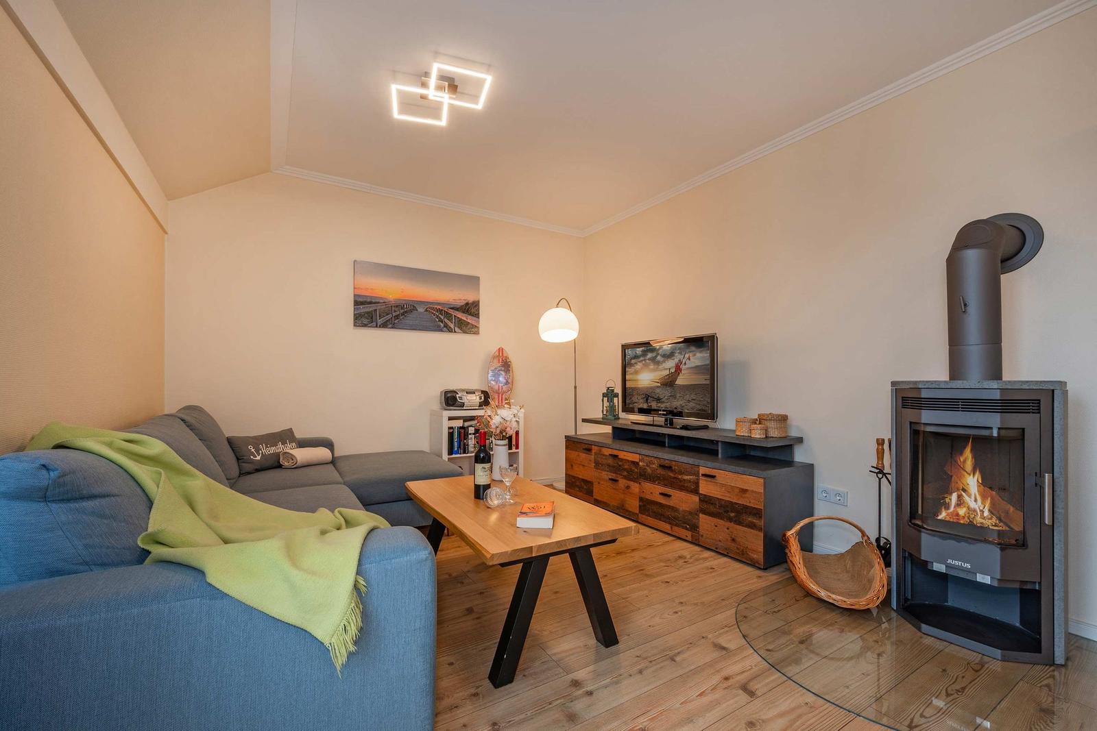 Wohnzimmer mit Sofa, Fernseher und Kaminofen auf Holzfußboden.