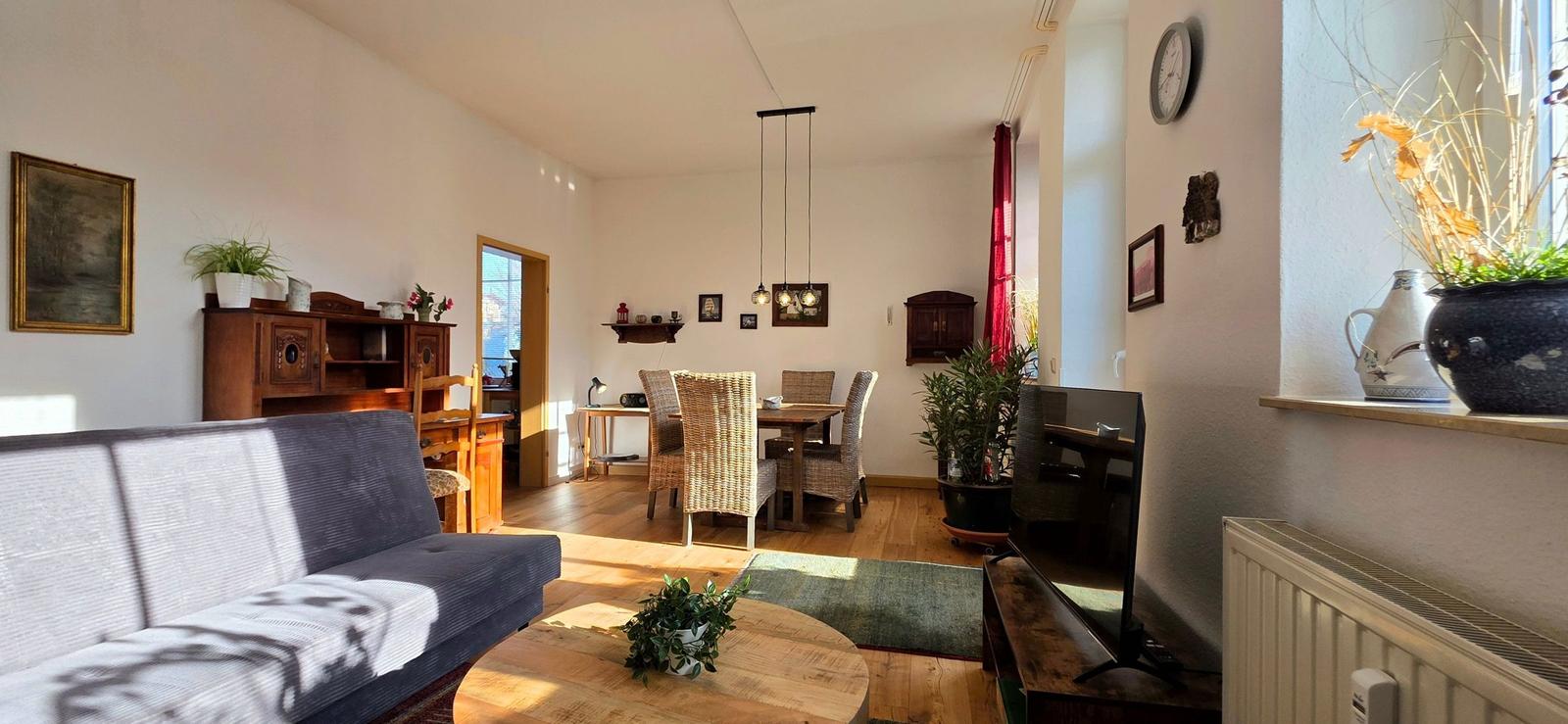 Living and dining area with sofa, dining table, and TV. Wooden floor and plants.