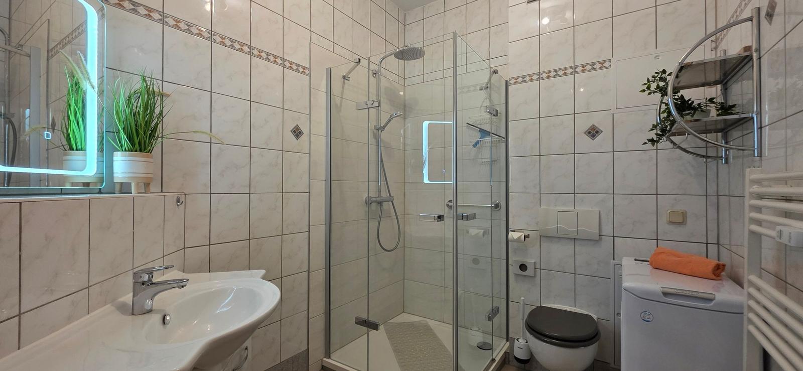 Bathroom with shower, sink, and toilet. Tiled walls and plants visible.