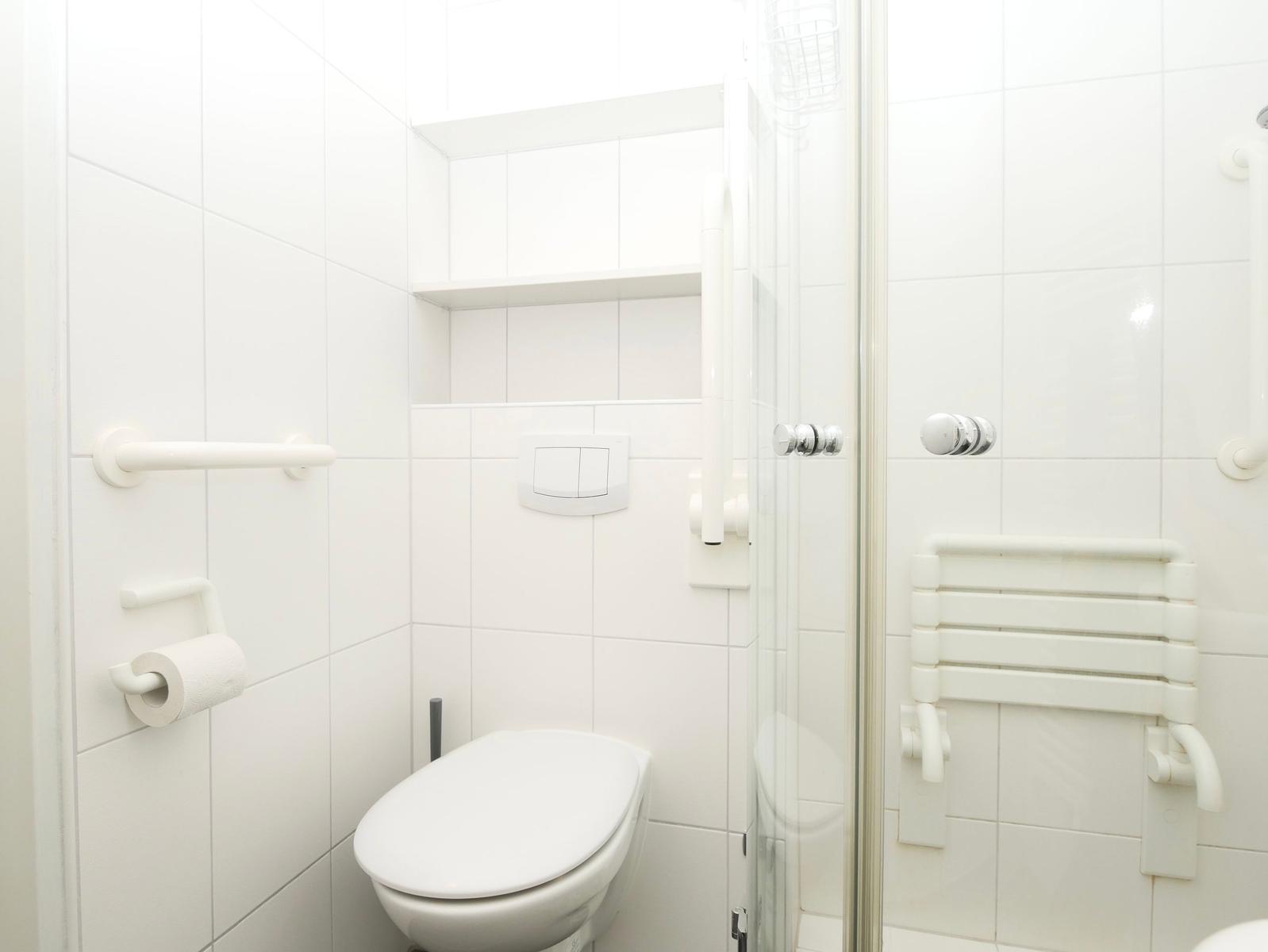 Duschbad mit Toilette, Duschkabine und Handlauf