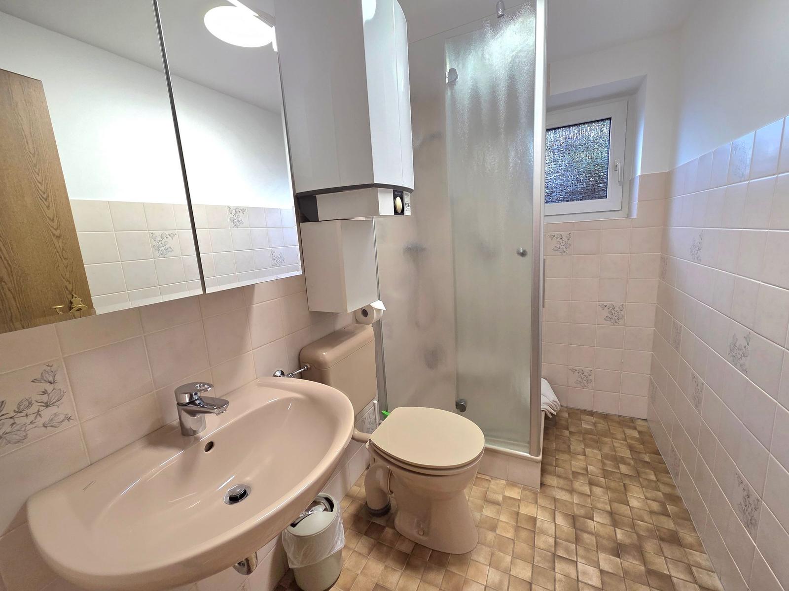 Badezimmer mit Dusche, Toilette und Waschbecken. Fliesenwand und Fenster sichtbar.