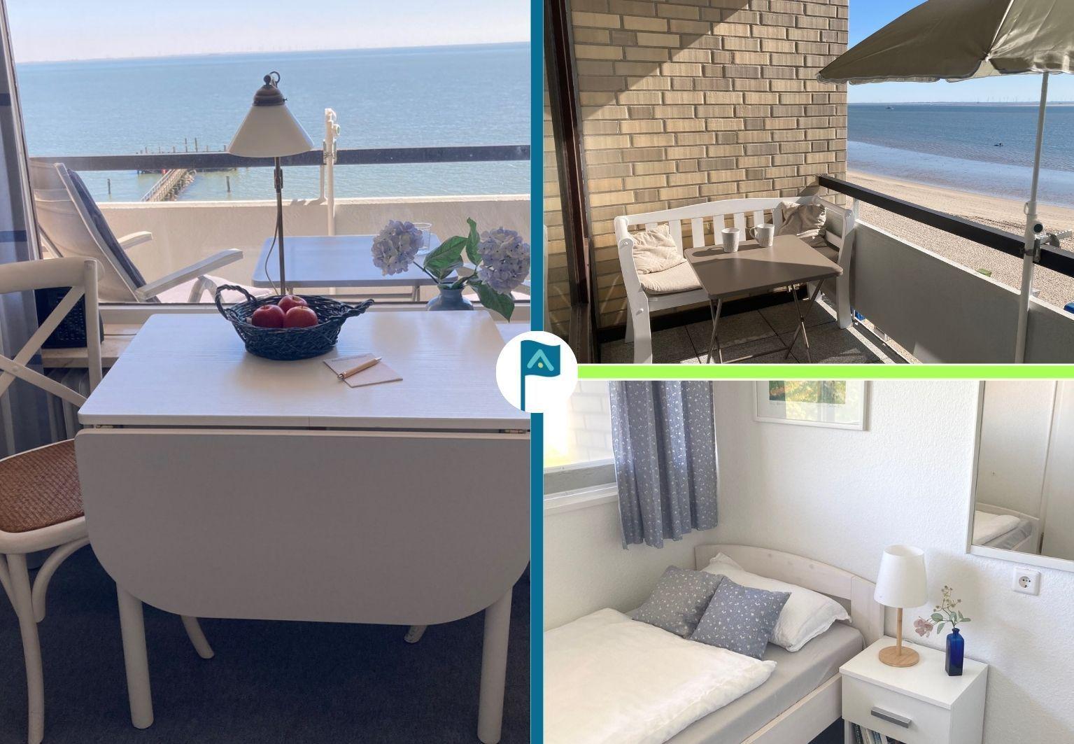 Sea view, balcony with table and seating, bedroom with bed and nightstand.
