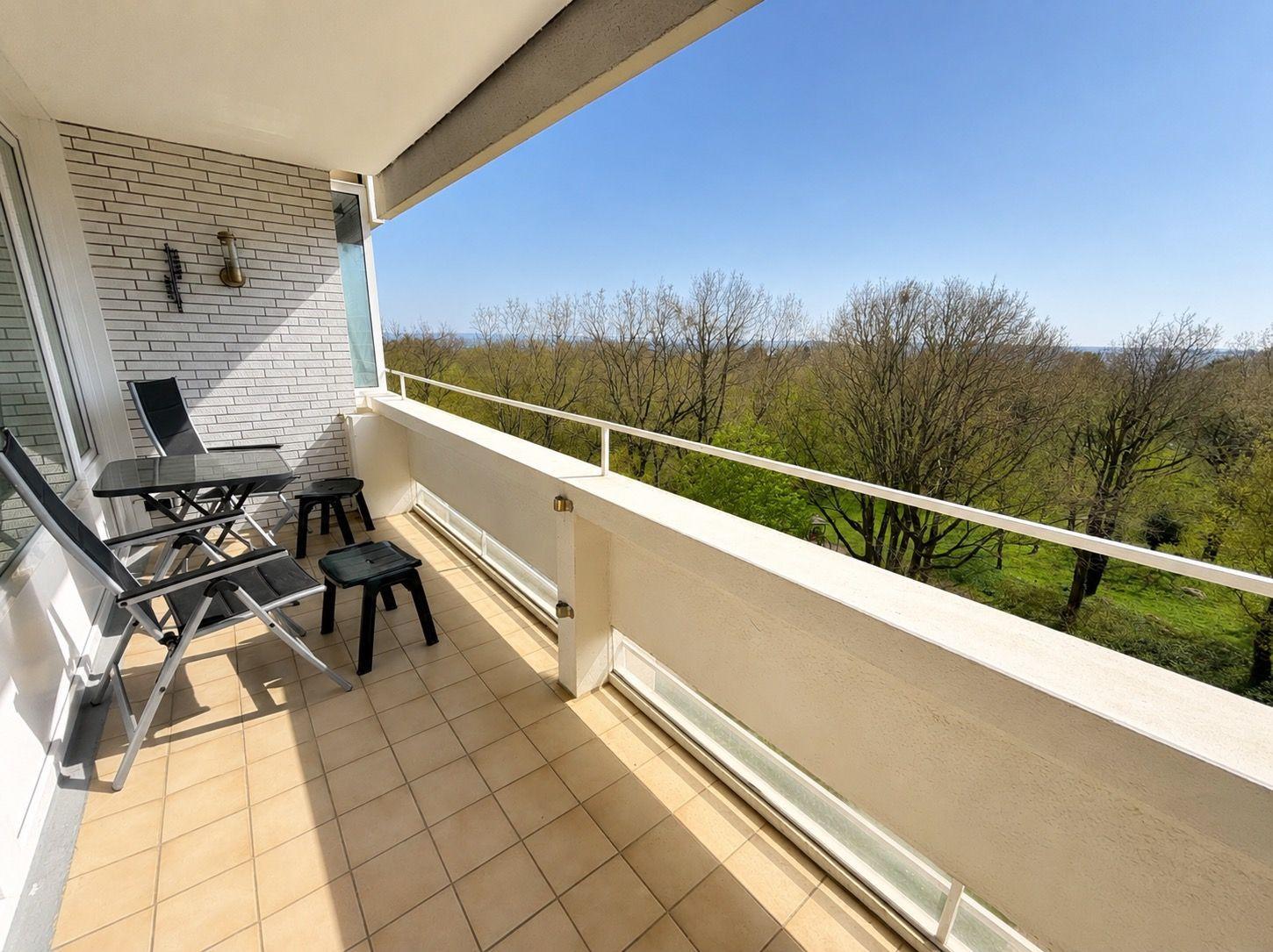 Terrace with table, chairs, and view of forest and sky.