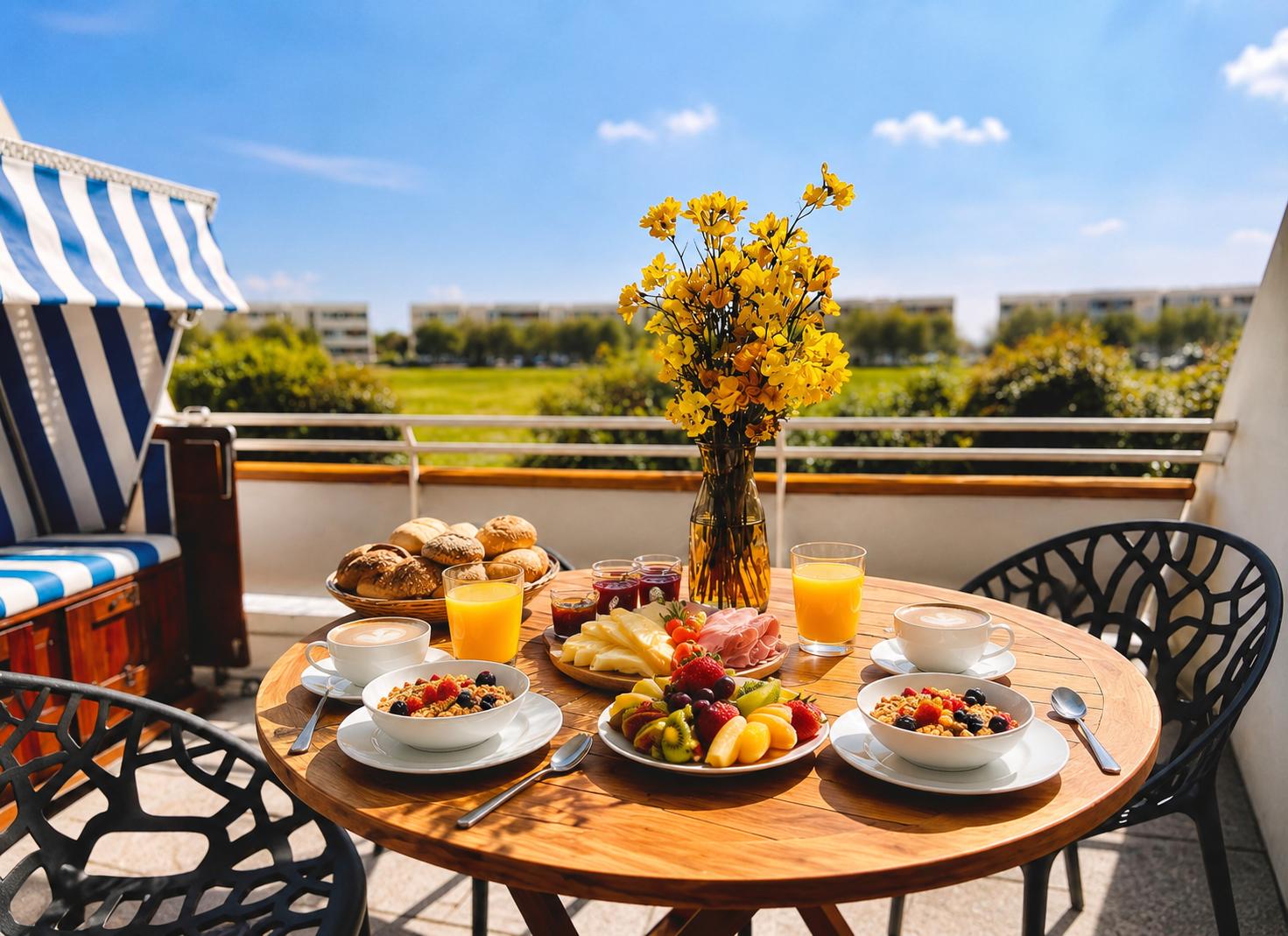 Frühstückstablett auf Balkon mit Blick auf Grünfläche und Himmel.