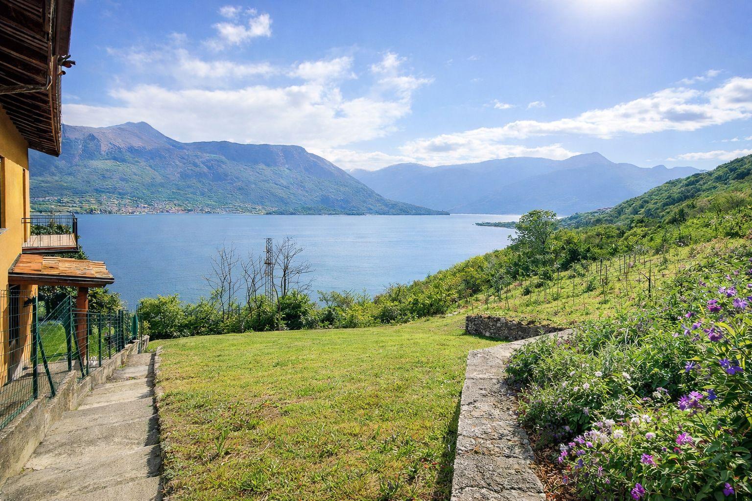 Garten mit gepflegtem Rasen und blümenden Büschen
