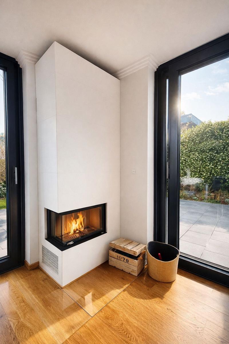 Ein Kamin mit brennendem Feuer in einem weißen Schacht, Holzboden und große Fenster zur Außenseite.