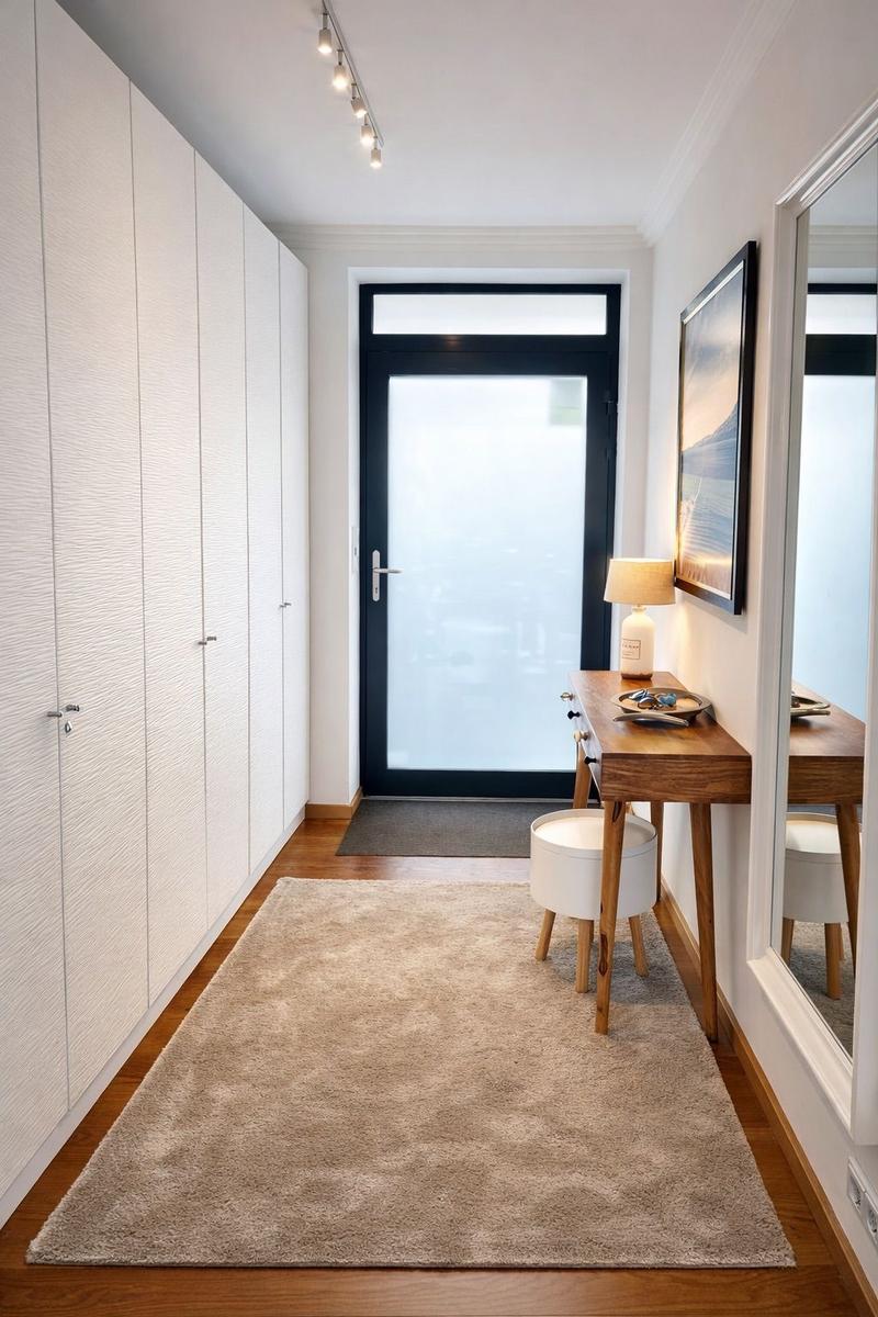 Hallenraum mit Kleiderschrank, Schreibtisch und Spiegel an der Wand.