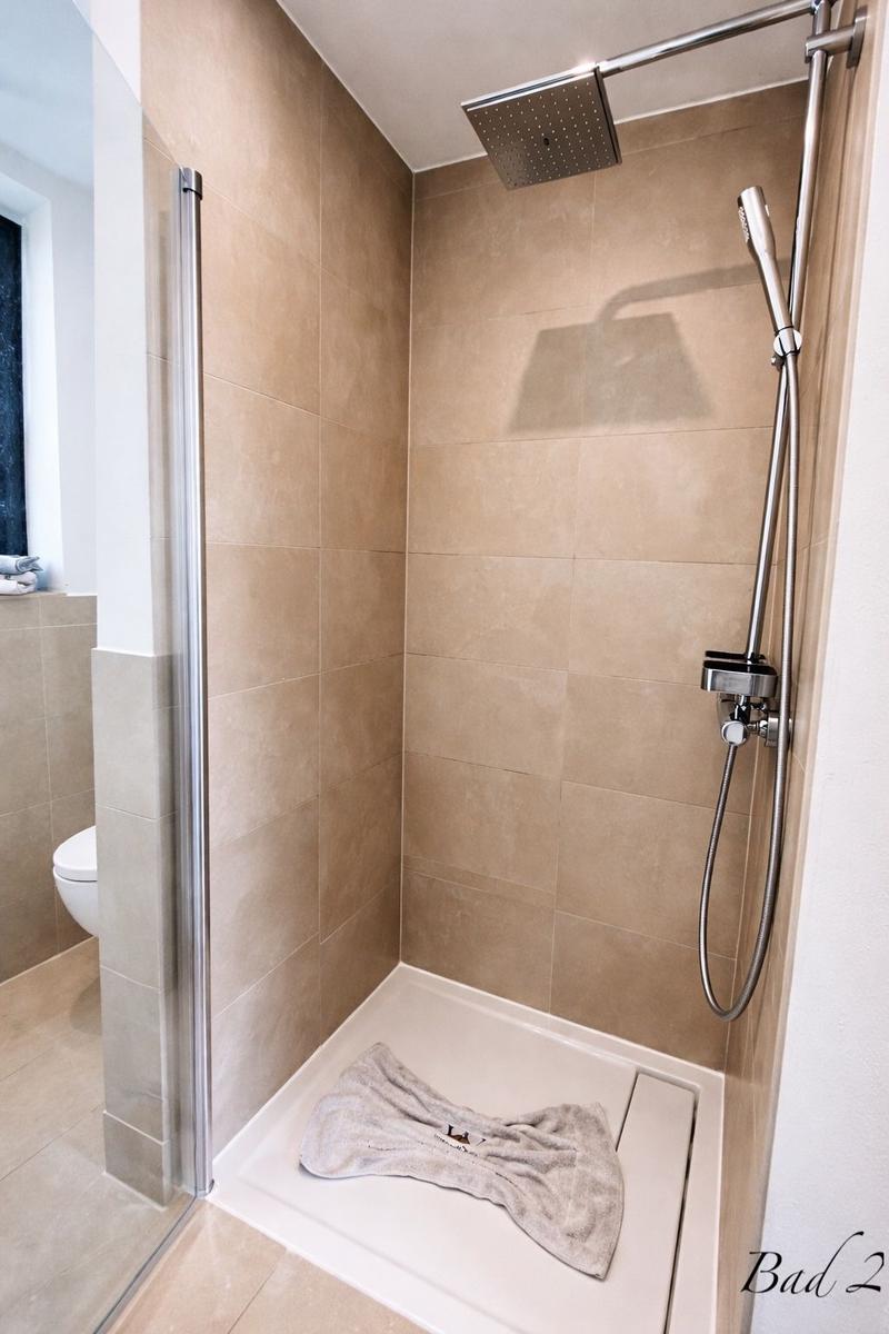 Duschkabine mit Duschbrause und Handbrause. Bad 2 mit Toilette im Hintergrund.