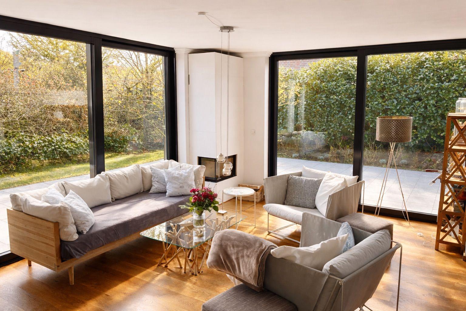 Wohnzimmer mit Sofa, Sesseln und Glas-Tisch. Große Fenster zeigen Garten und Terrasse.