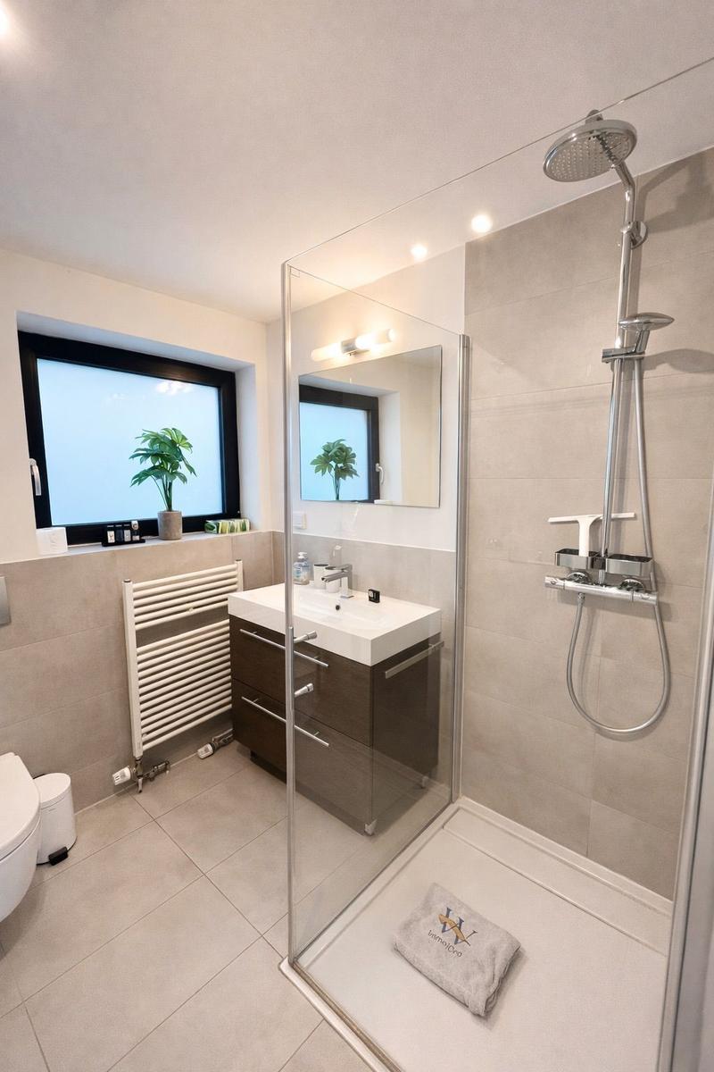 Badezimmer mit Dusche, Waschbecken und Fenster mit Pflanze.
