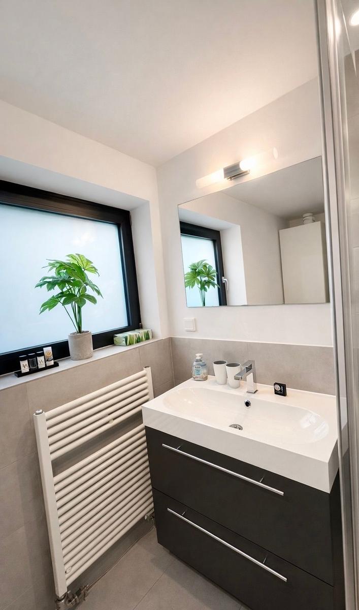 Badezimmer mit Waschbecken, Spiegel und Pflanze am Fenster.