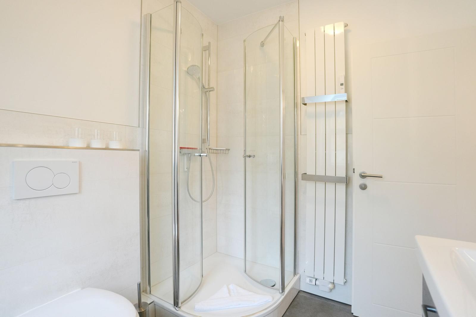 Badezimmer mit Dusche, Toilette und Heizkörper