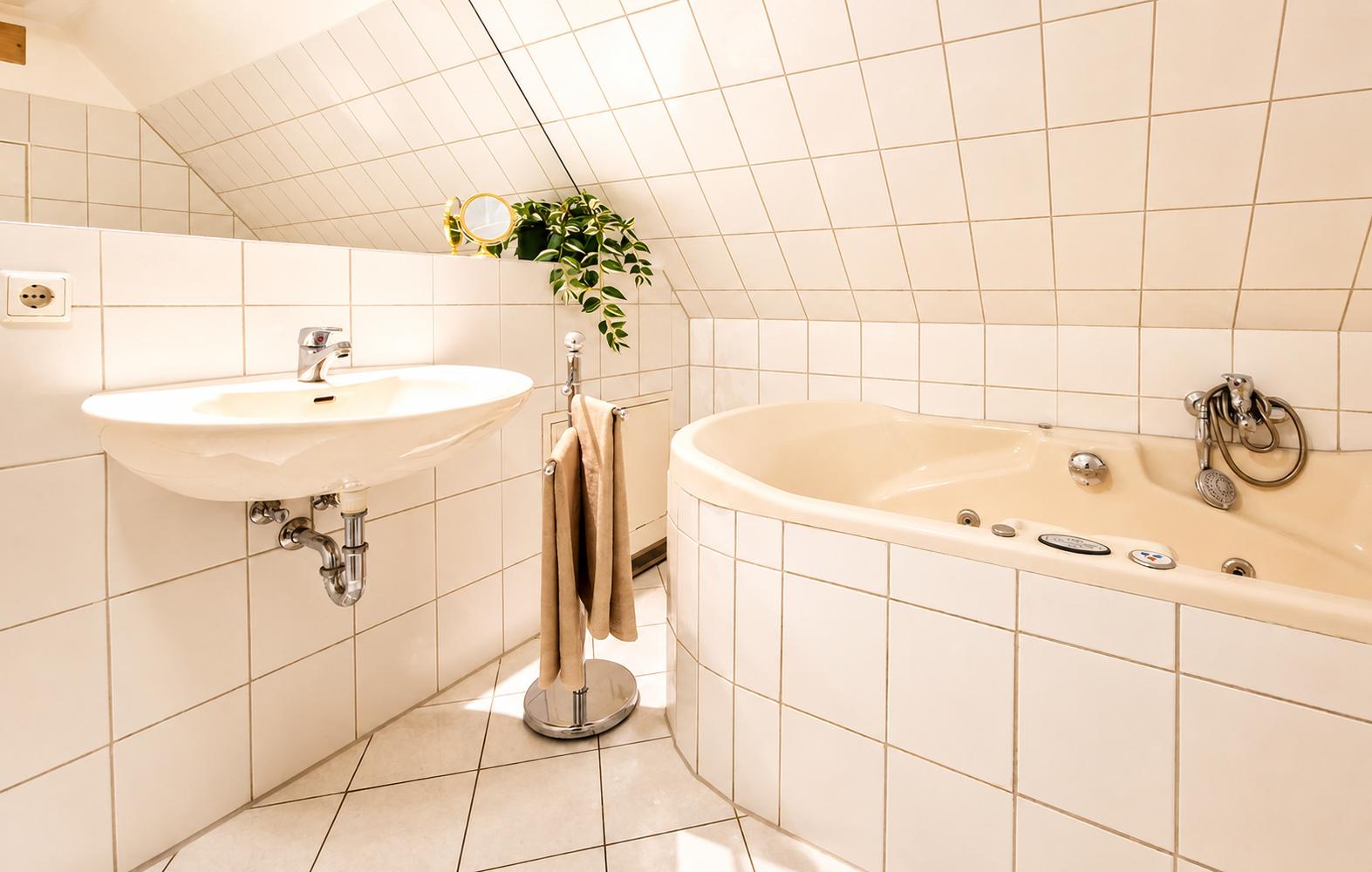 Badezimmer mit Badewanne, Waschbecken und Pflanze an der Wand.