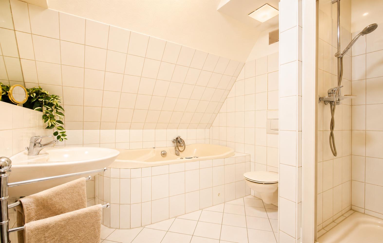 Badezimmer mit Badewanne, Dusche, Toilette und Waschbecken.