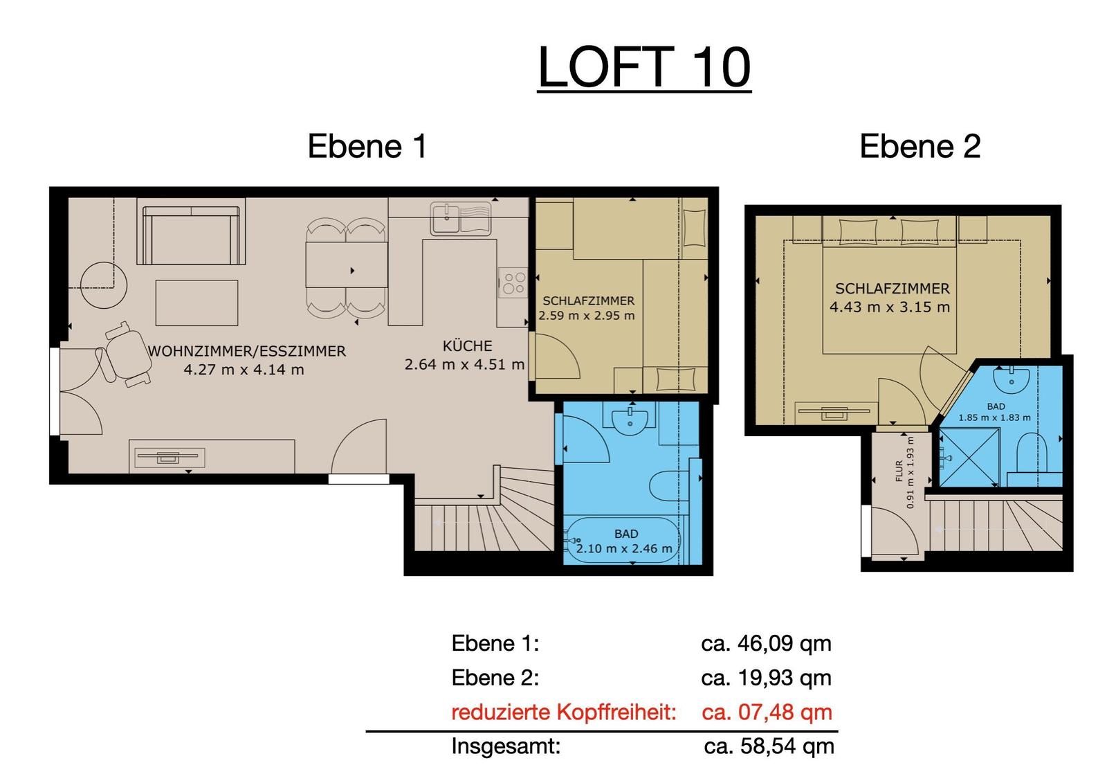 Loft 10 mit Wohn- und Schlafzimmer, Küche und Bad auf zwei Ebenen.