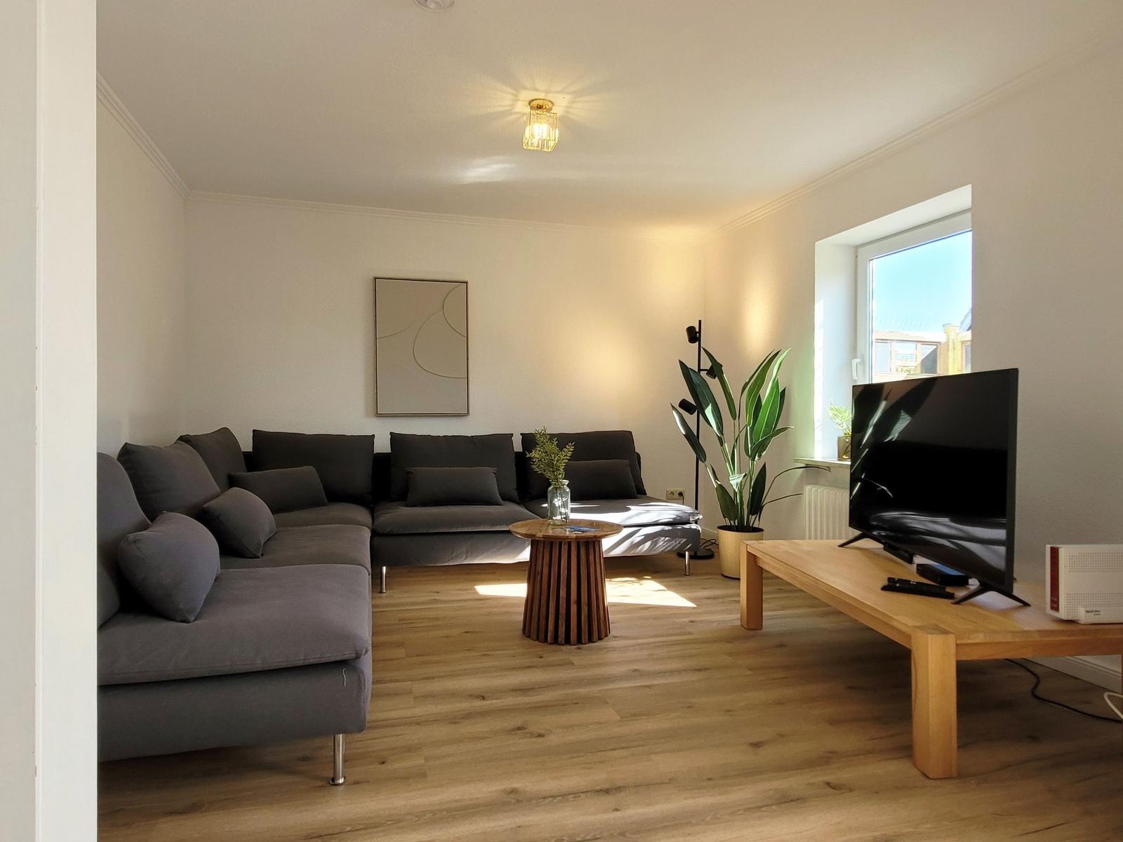 Großes Wohnzimmer mit Sofalounge und Smart-TV