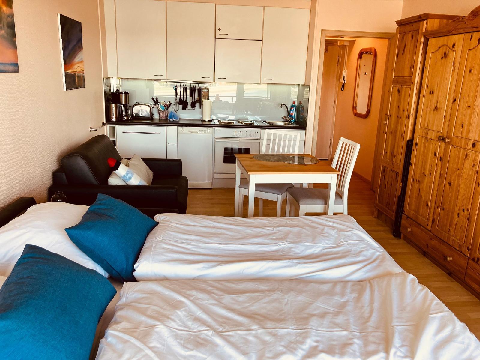 Schlafzimmer mit Bett, Sofa, Küchenbereich und Holzschrank