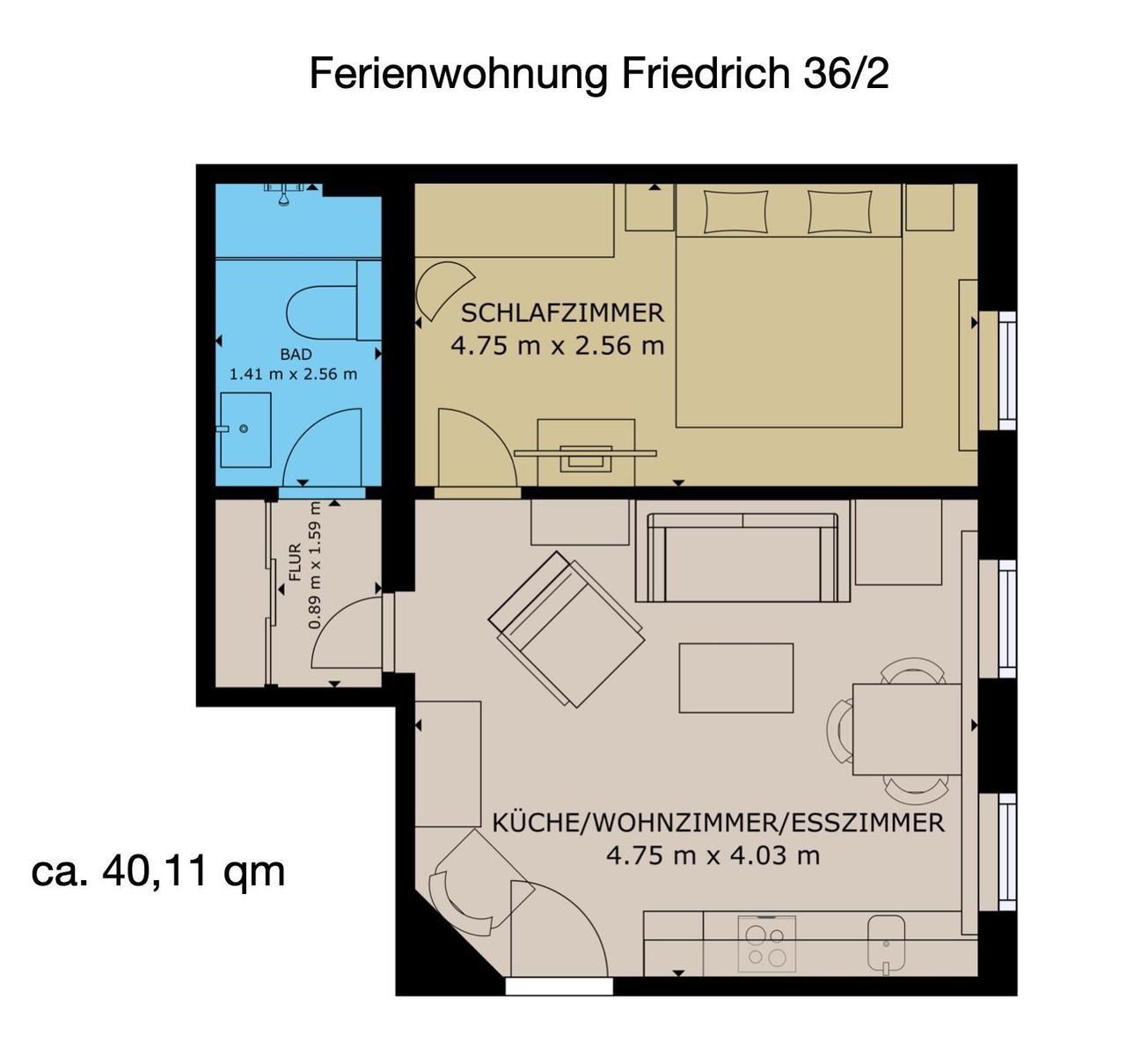 Ferienwohnung mit Schlafzimmer, Küche/Wohnzimmer/Esszimmer und Bad. Fläche ca. 40,11 qm.