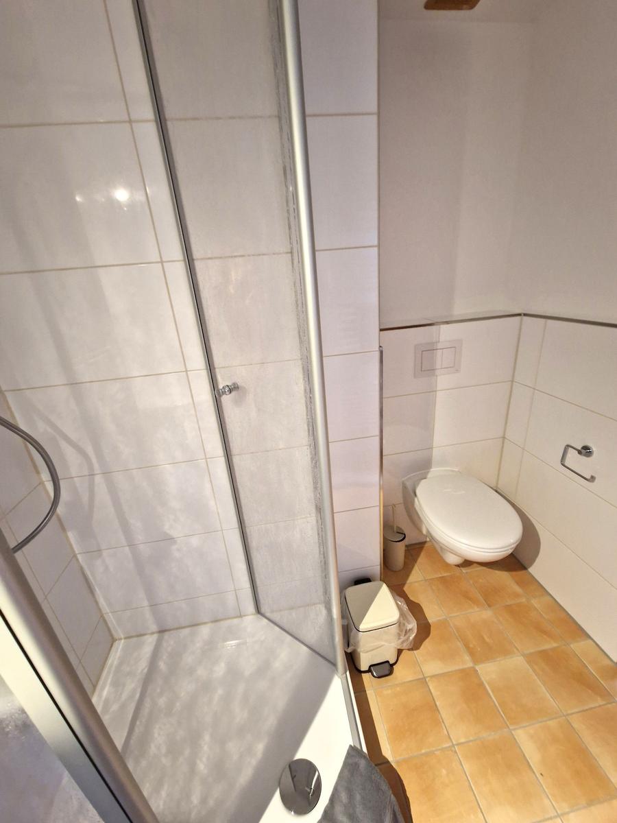 Dusche mit Glaswand, Toilette und Bodenfliesen