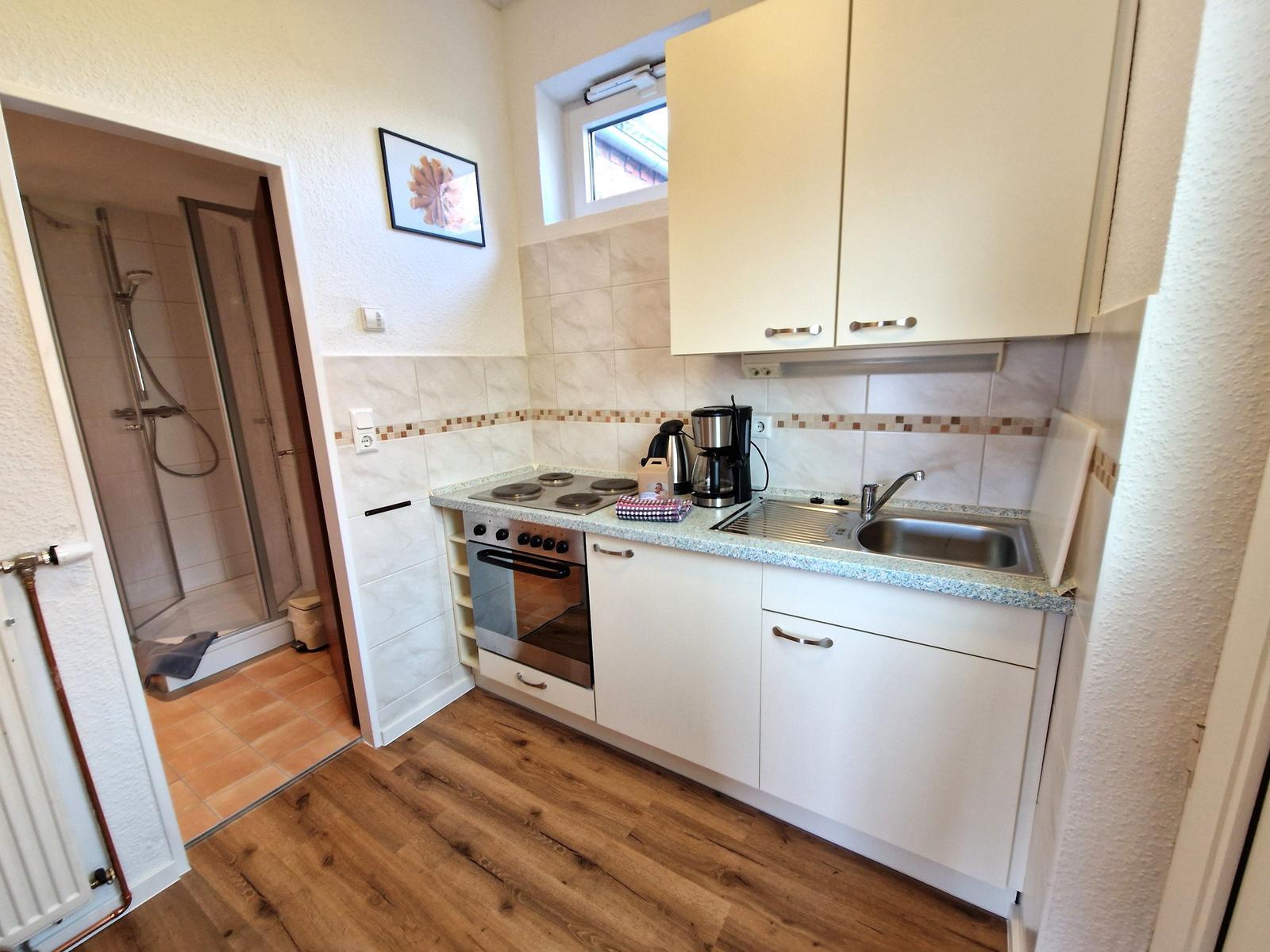 Küche mit Arbeitsplatte, Spüle, Herd und Dunstabzug. Dusche im Hintergrund.