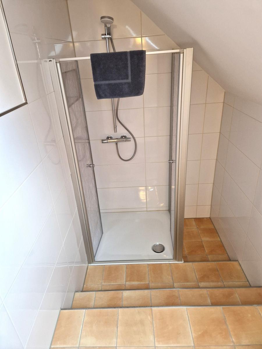 Shower cabin with glass door and handheld shower on tiled floor.