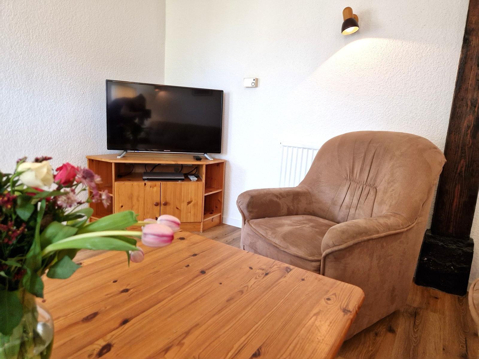 Ein Wohnzimmer mit einem braunen Sessel, einem Holztisch und einem Fernseher auf einem Holzregal.