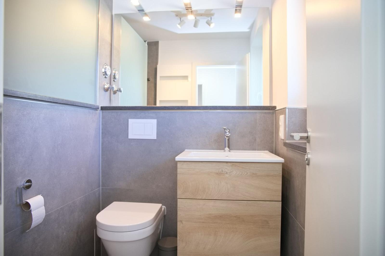 Badezimmer mit Toilette, Waschbecken und Spiegel. Wandverkleidung aus grauem Stein.