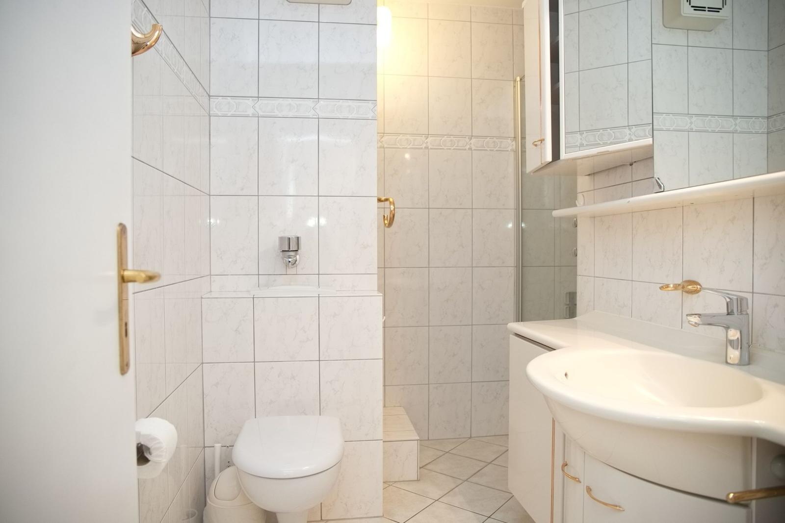 Badezimmer mit Toilette, Dusche und Waschbecken mit Spiegel.