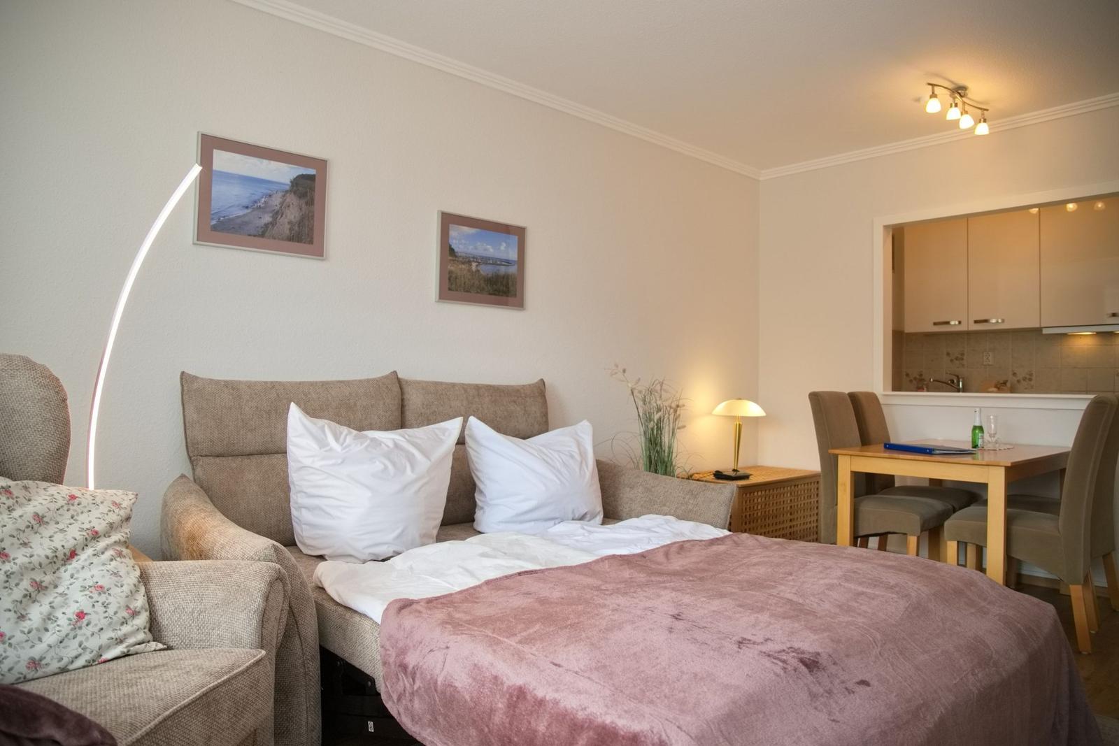 Schlafzimmer mit Bett, Sofa und Essbereich. Küche im Hintergrund.