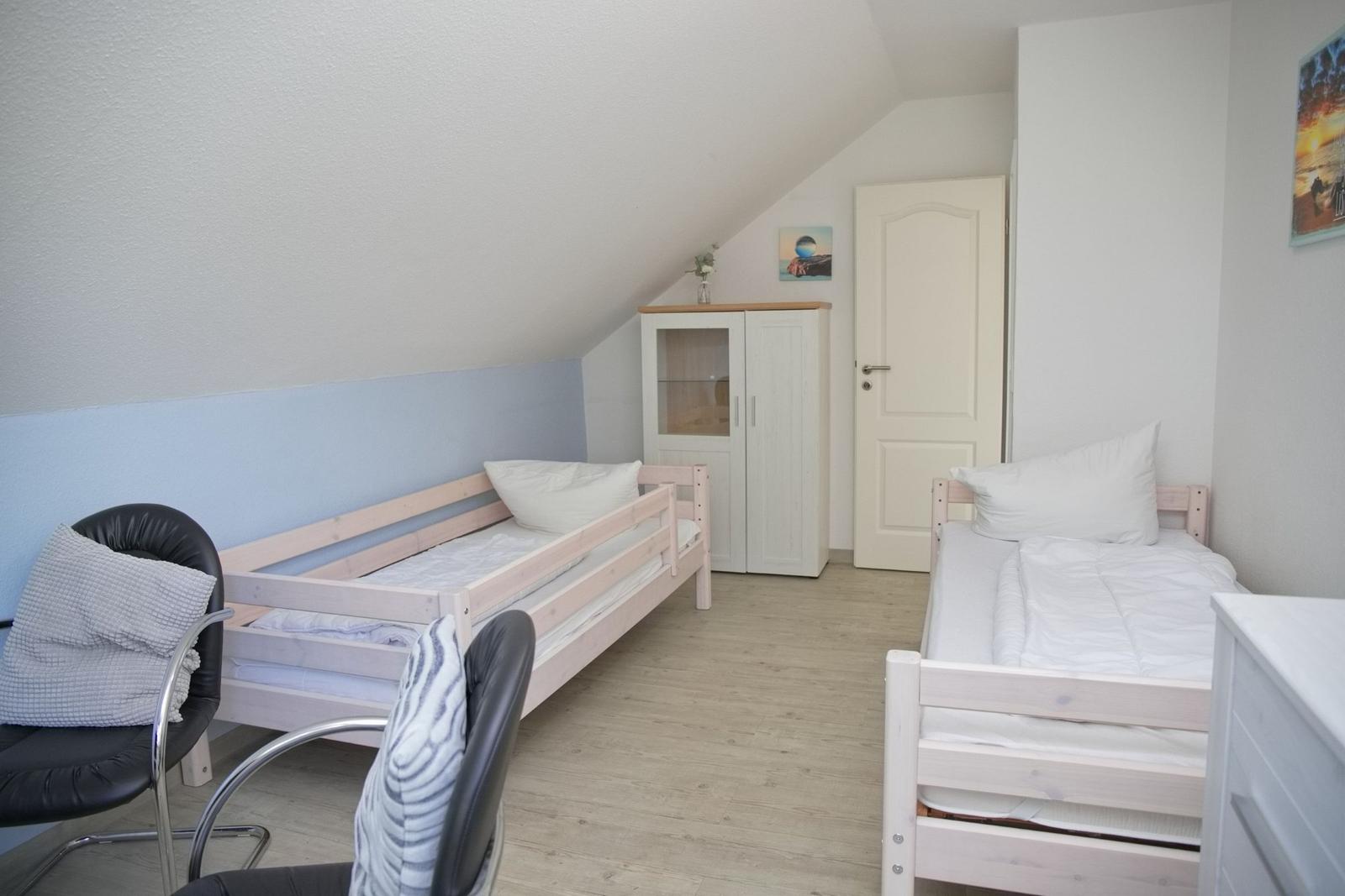 Zimmer mit zwei Betten, Schreibtischstühlen und Kleiderschrank unter schrägem Dach.