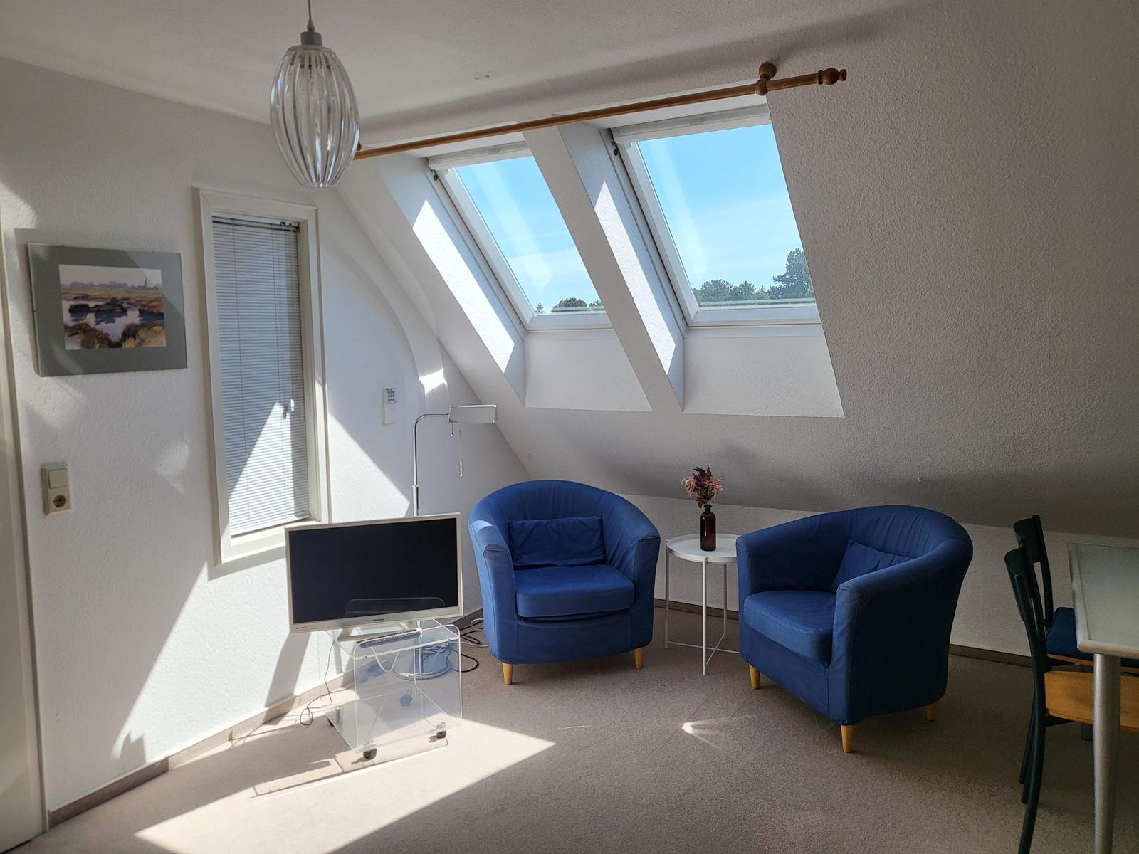 Zimmer mit zwei blauen Sesseln, Dachfenstern und Fernseher auf Glasständer.