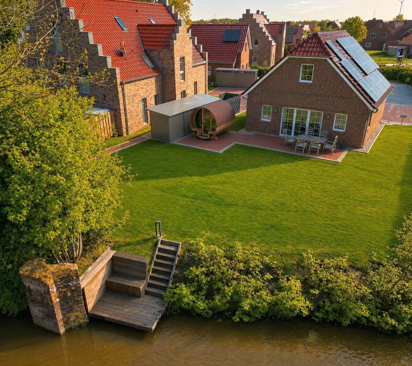 Haus mit Solaranlage, Terrasse und Bootssteg am Wasser.