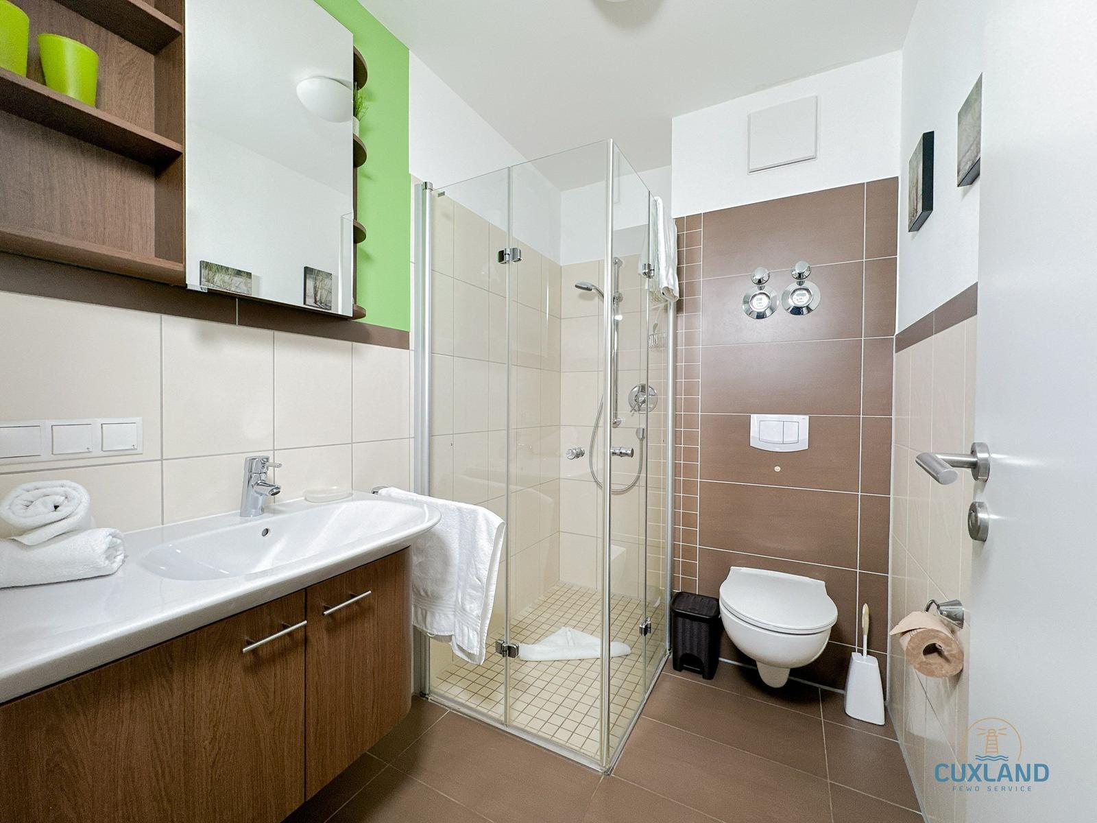 Badezimmer mit Dusche, Waschbecken und Toilette. Holzunterschrank und Spiegelschrank.