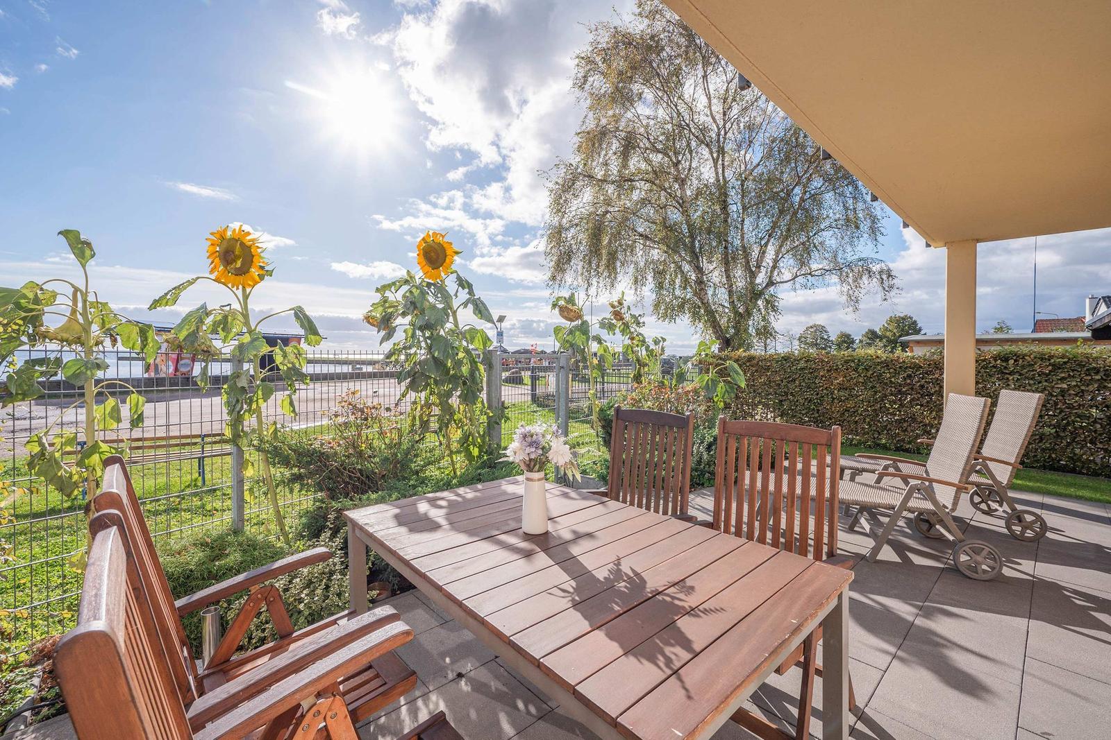 Terrace with table, chairs, and sunflowers. Backyard with fence and trees.