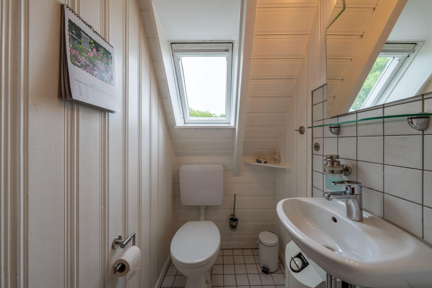 Bathroom with toilet, sink, and skylight. Calendar on the wall.