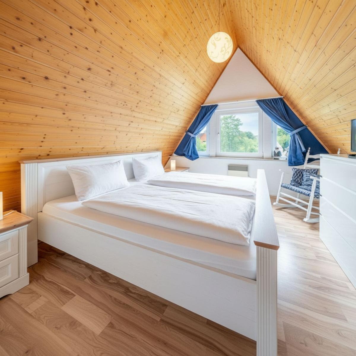 Schlafzimmer mit Dachschrägen, Bett, Fenster und Schaukelstuhl.